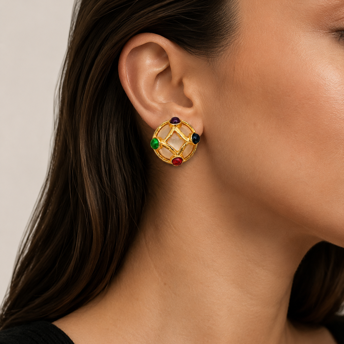 80s Pearl Earrings with Colored Glass Cabochons