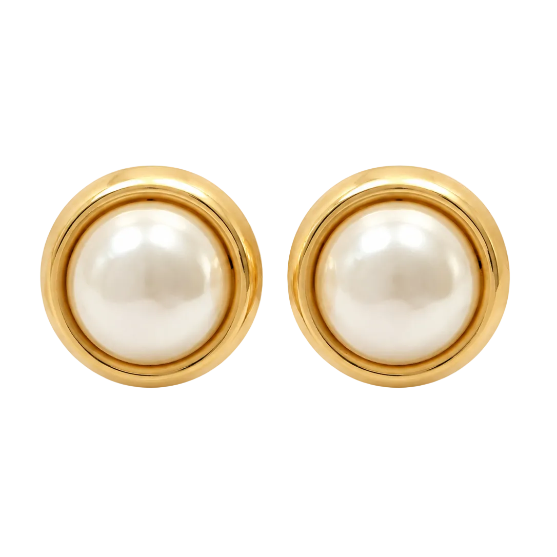 A pair of gold round stud earrings with large white pearl centers, shown on a clean white background.