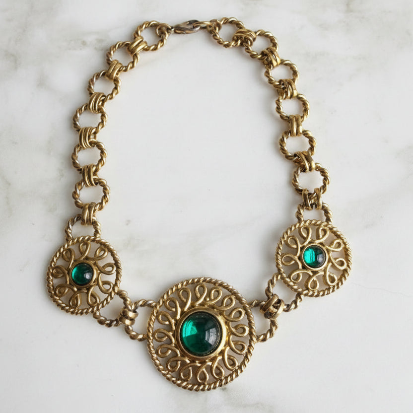 Vintage French Designer Guy Laroche Mogul Green Cabochon Statement Necklace