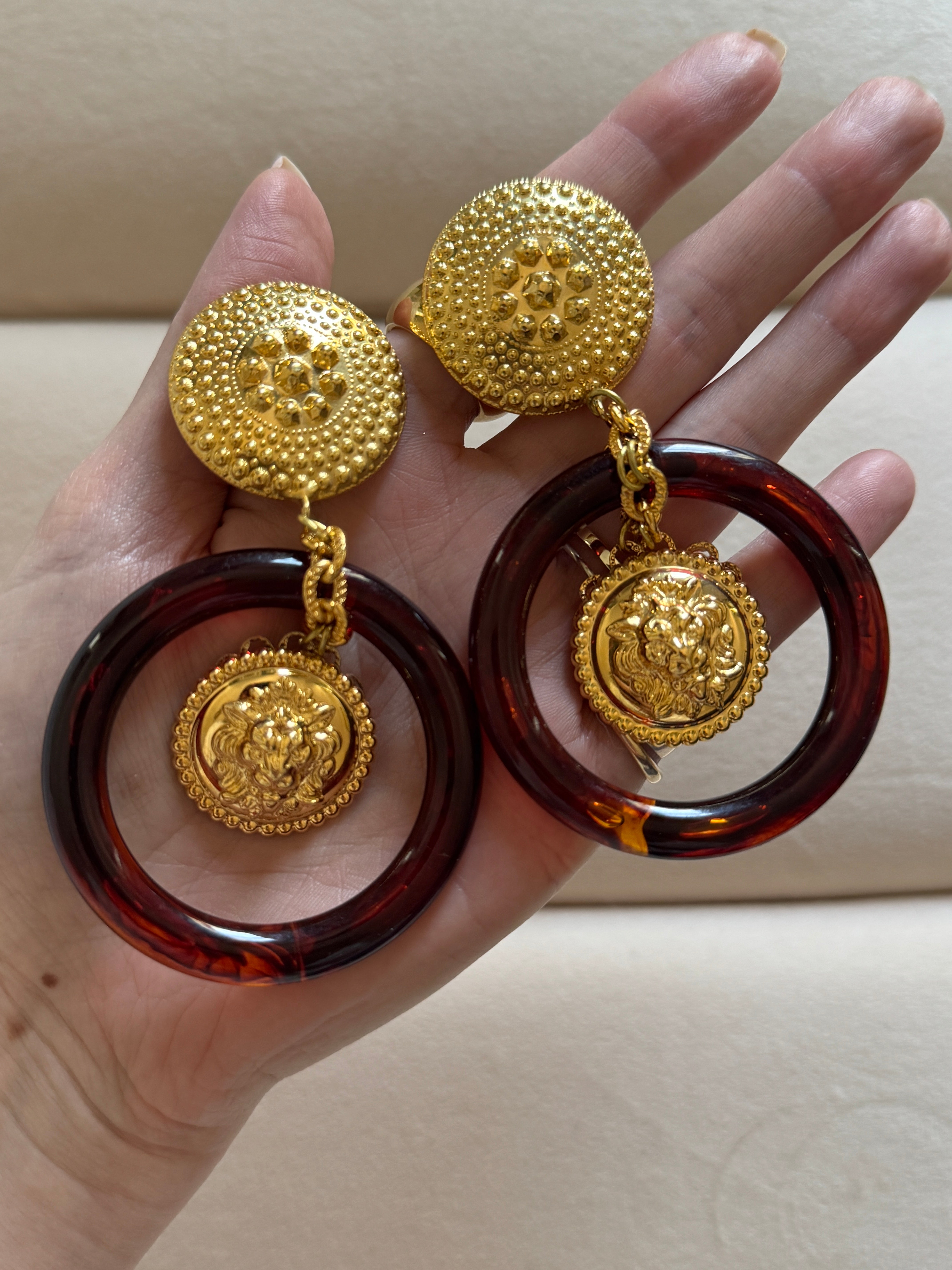 Vintage Italian Tortoise Hoops with Lion Charms