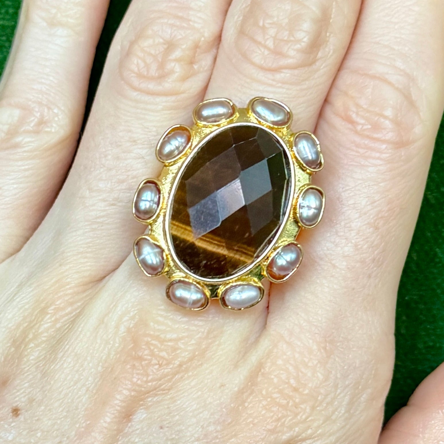 Tiger’s Eye & Pearl Cocktail Ring