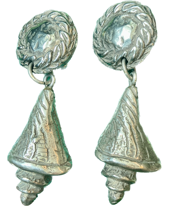 French Designer Chantal de Kerouartz Silver Shell Statement Earrings