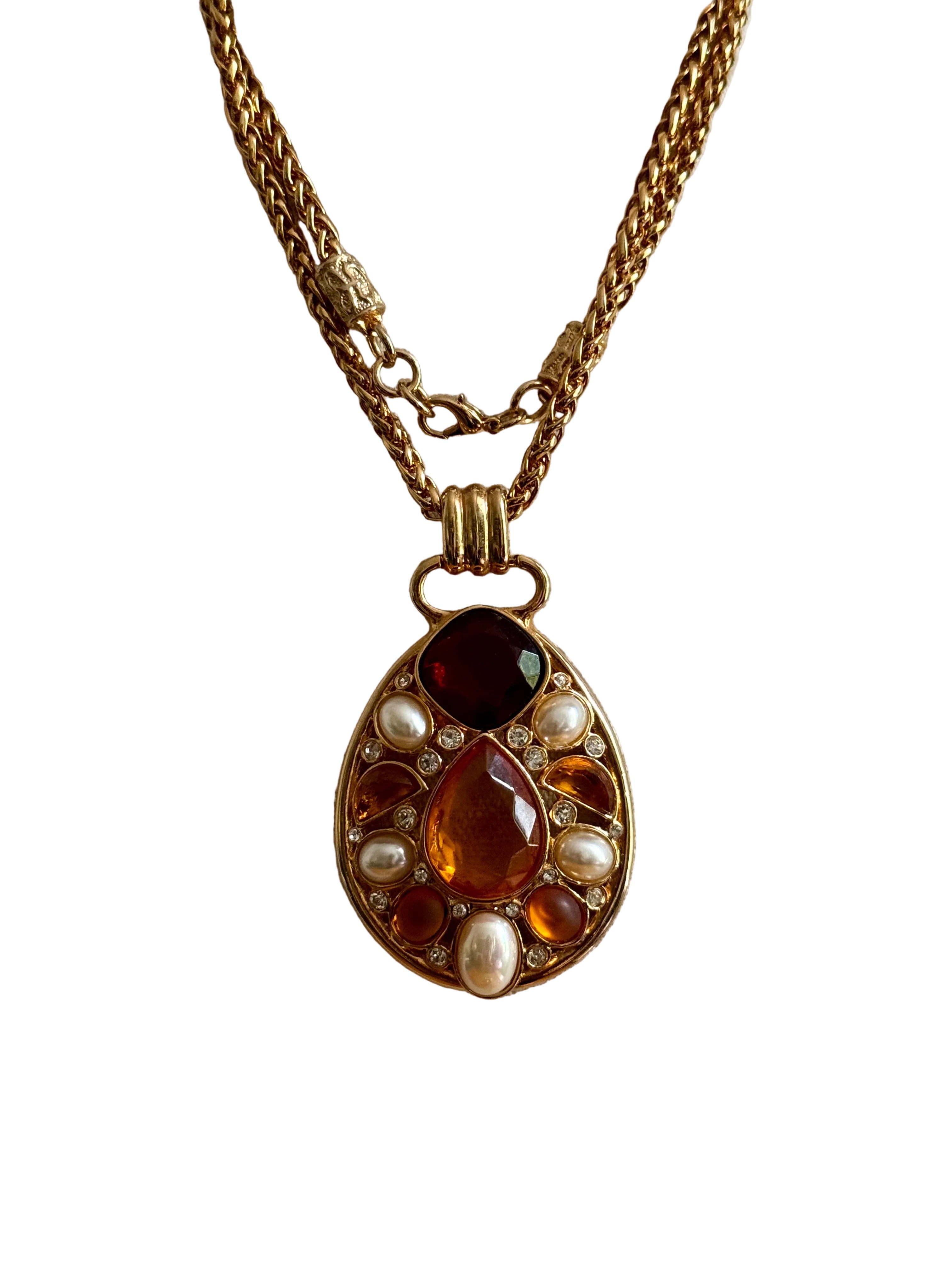 Vintage Designer Citrine, Topaz Crystal Pearl Pendant Necklace