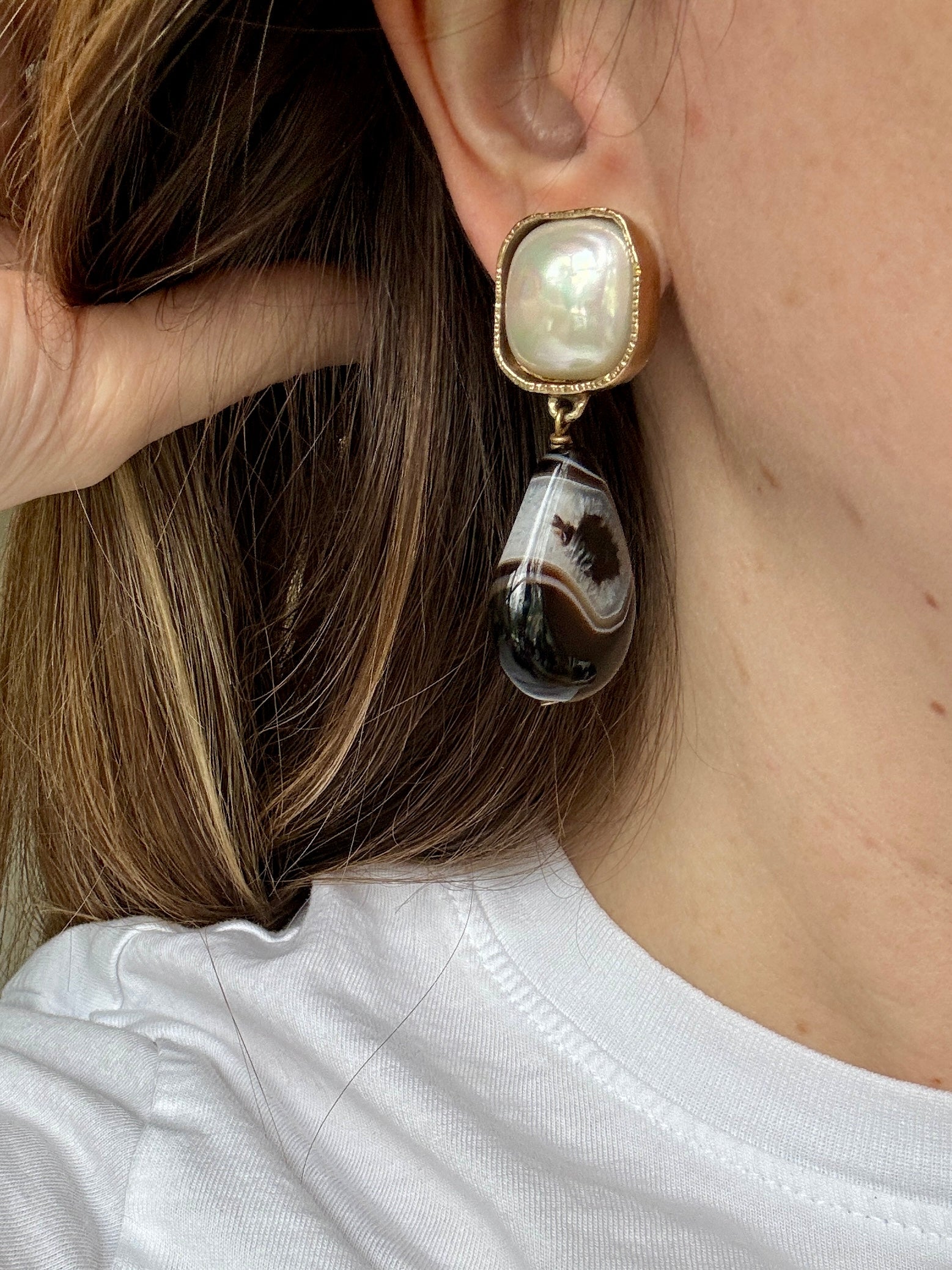 Vintage Designer Phillipe Ferrandis Pearl and Black Agate Earrings