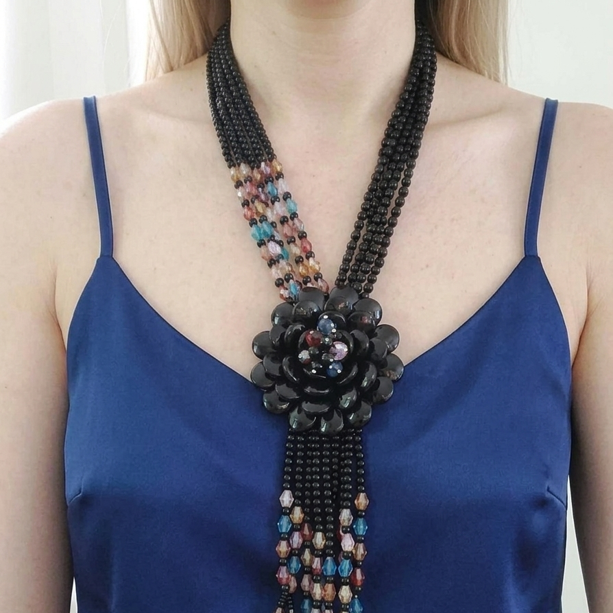 Joan Rivers Black Beaded Flower Necklace