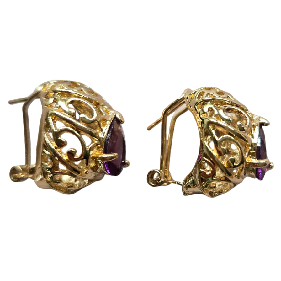 Vintage Gold Filigree Earrings with Amethyst Crystal