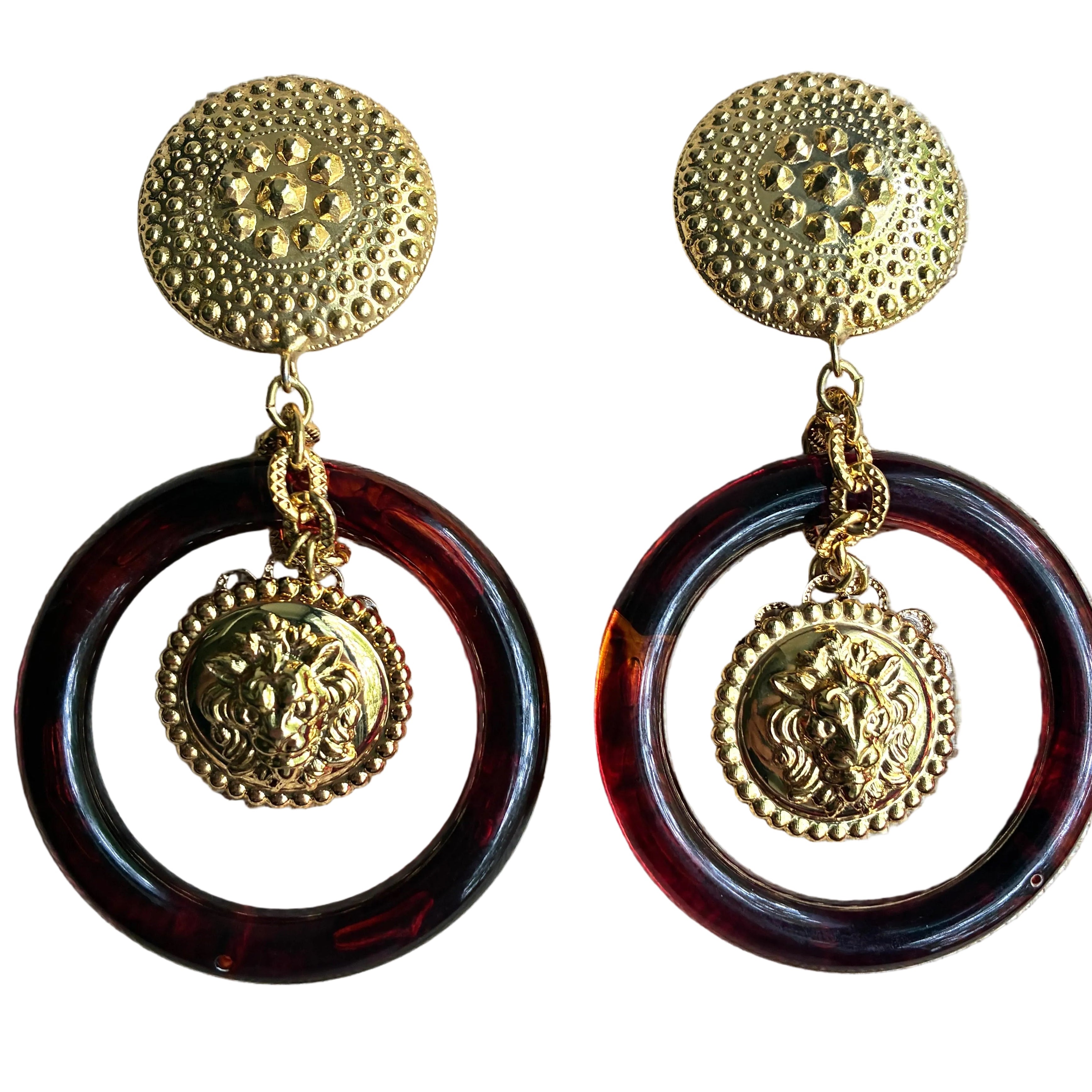 Vintage Italian Tortoise Hoops with Lion Charms