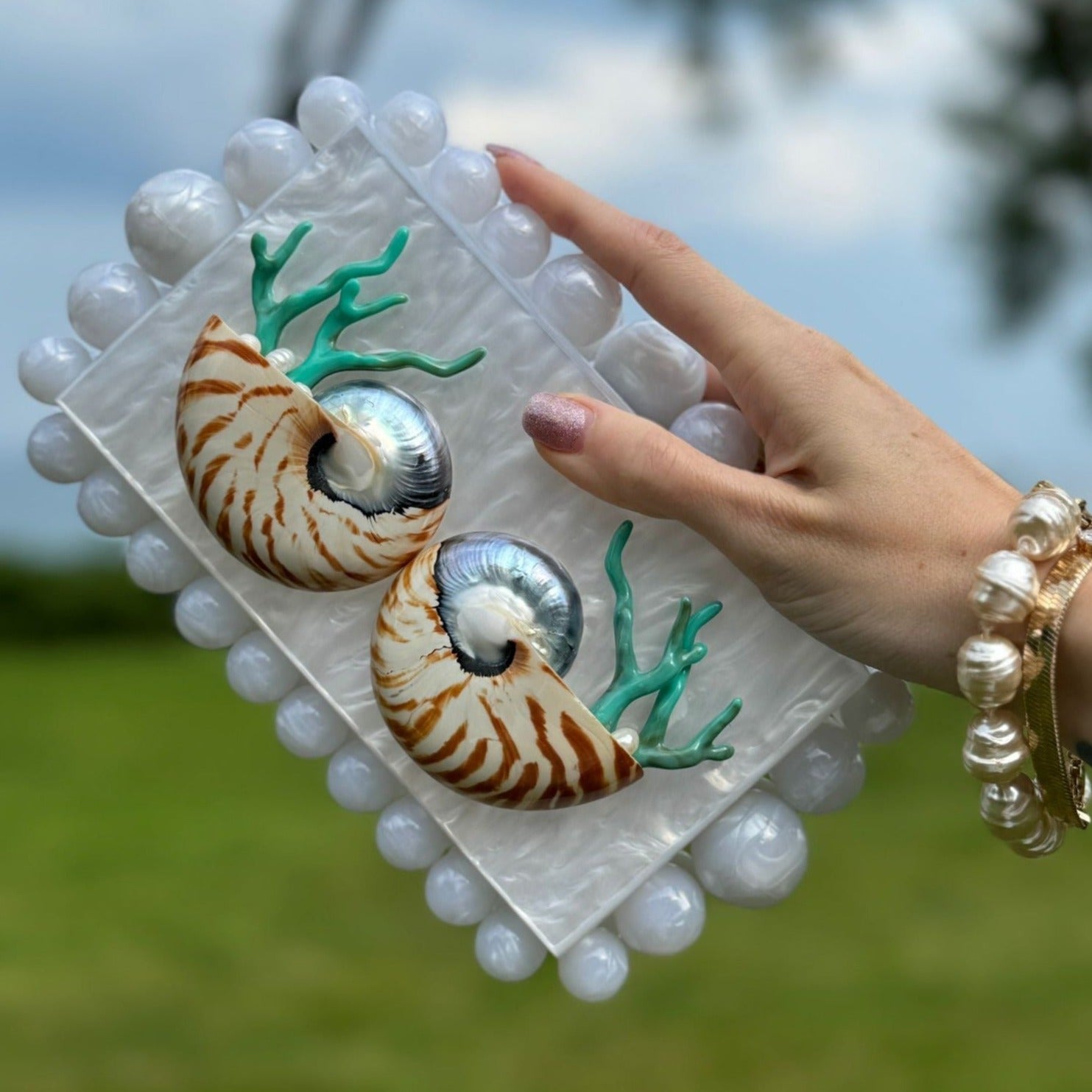 Custom Shell Clutch Purse With Pearls and Coral