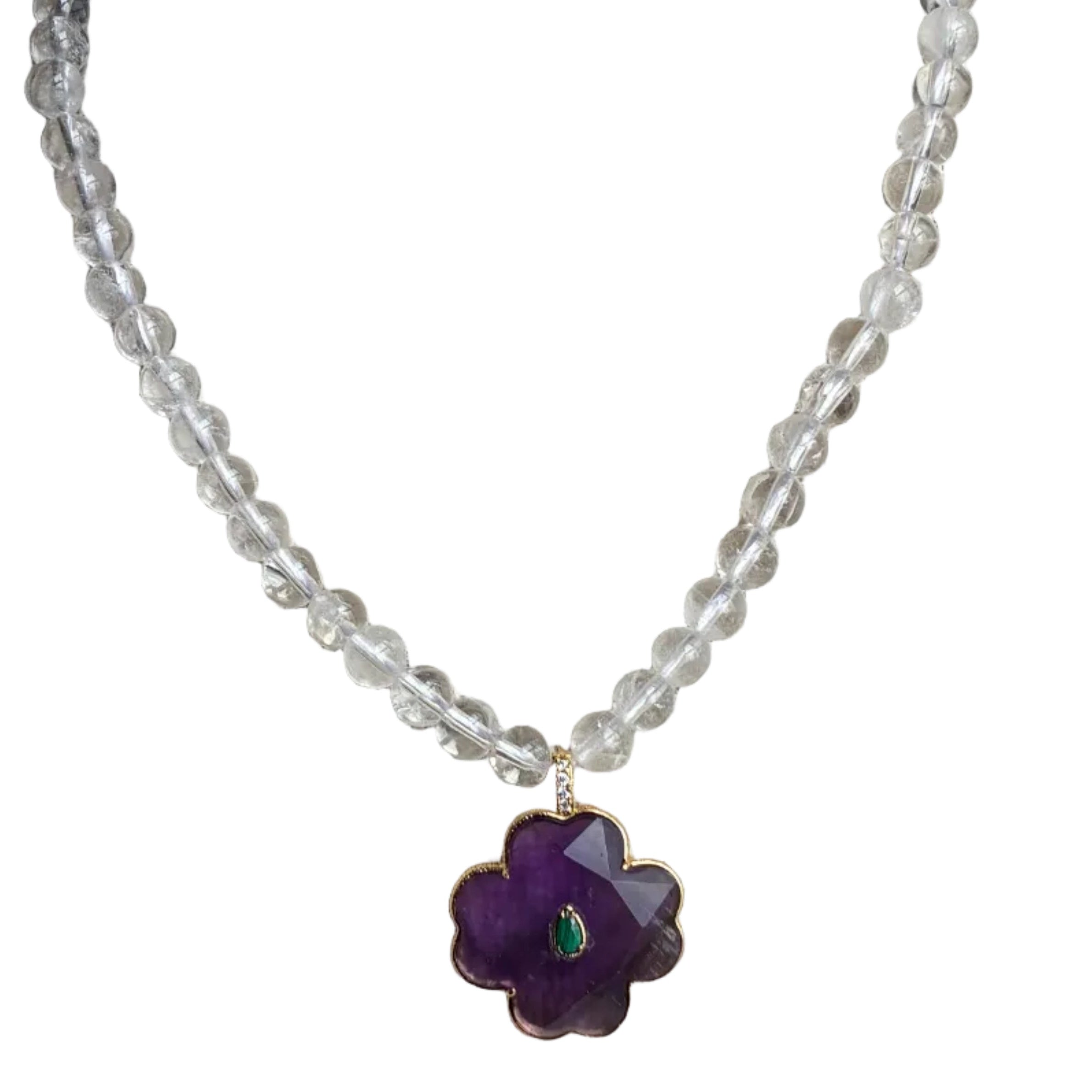 Rock Crystal Bead & Amethyst Flower Necklace Pre Order