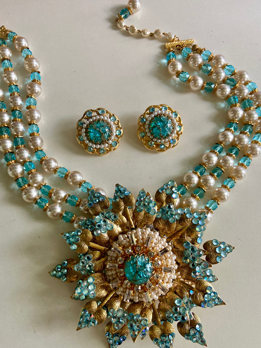 Haute Couture Runway 80s Lawrence VRBA Pearl Necklace, Brooch Earring Set
