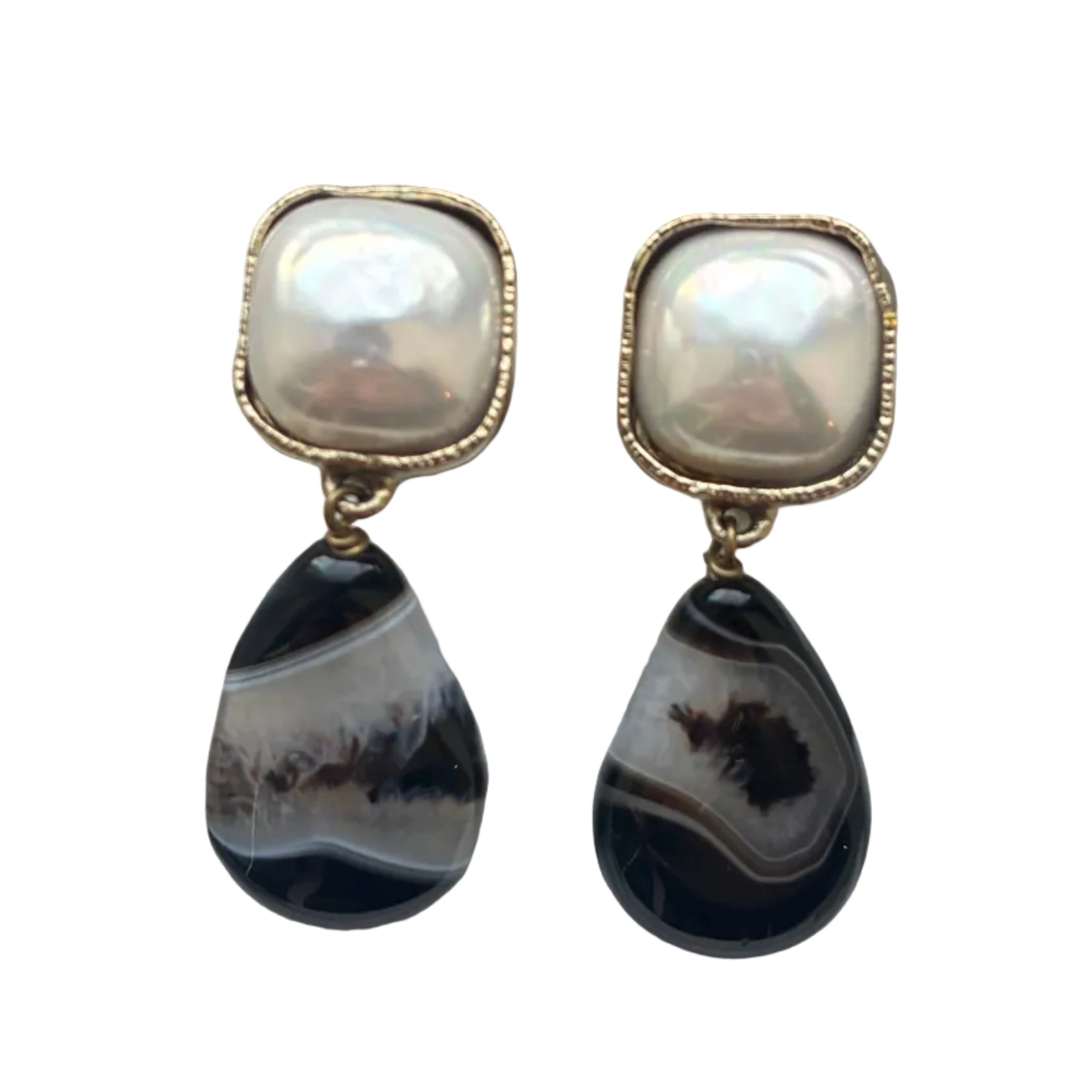 Vintage Designer Phillipe Ferrandis Pearl and Black Agate Earrings
