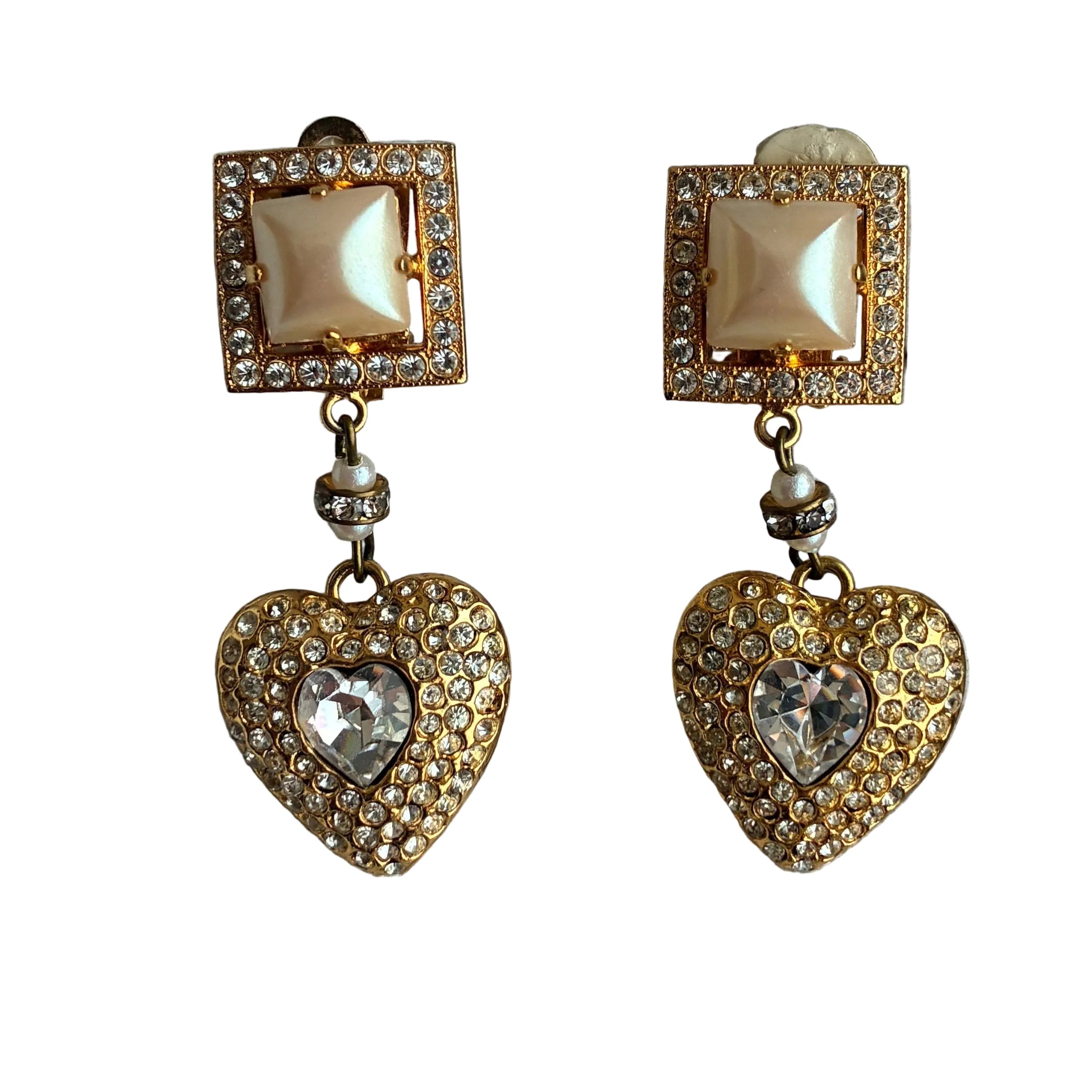 Vintage 90s Pearl and Crystal Heart Earrings