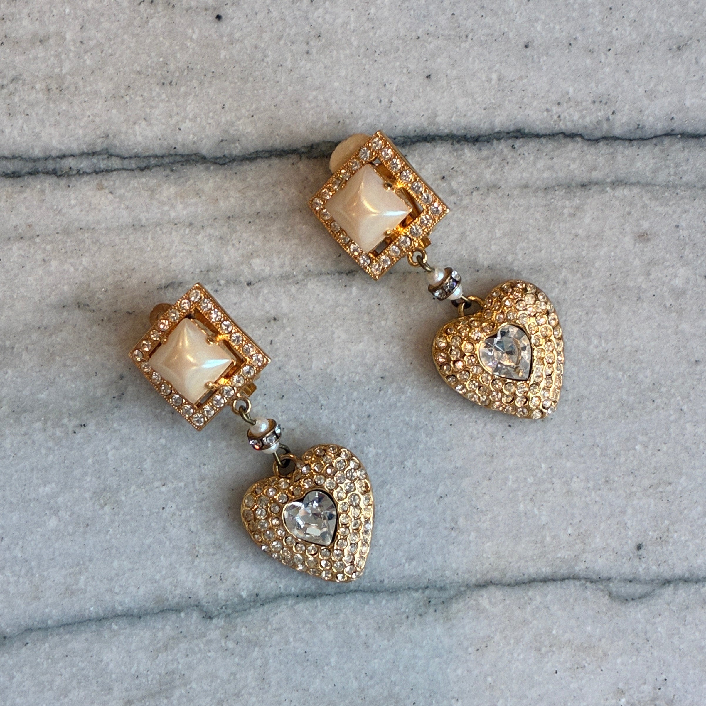 Vintage 90s Pearl and Crystal Heart Earrings