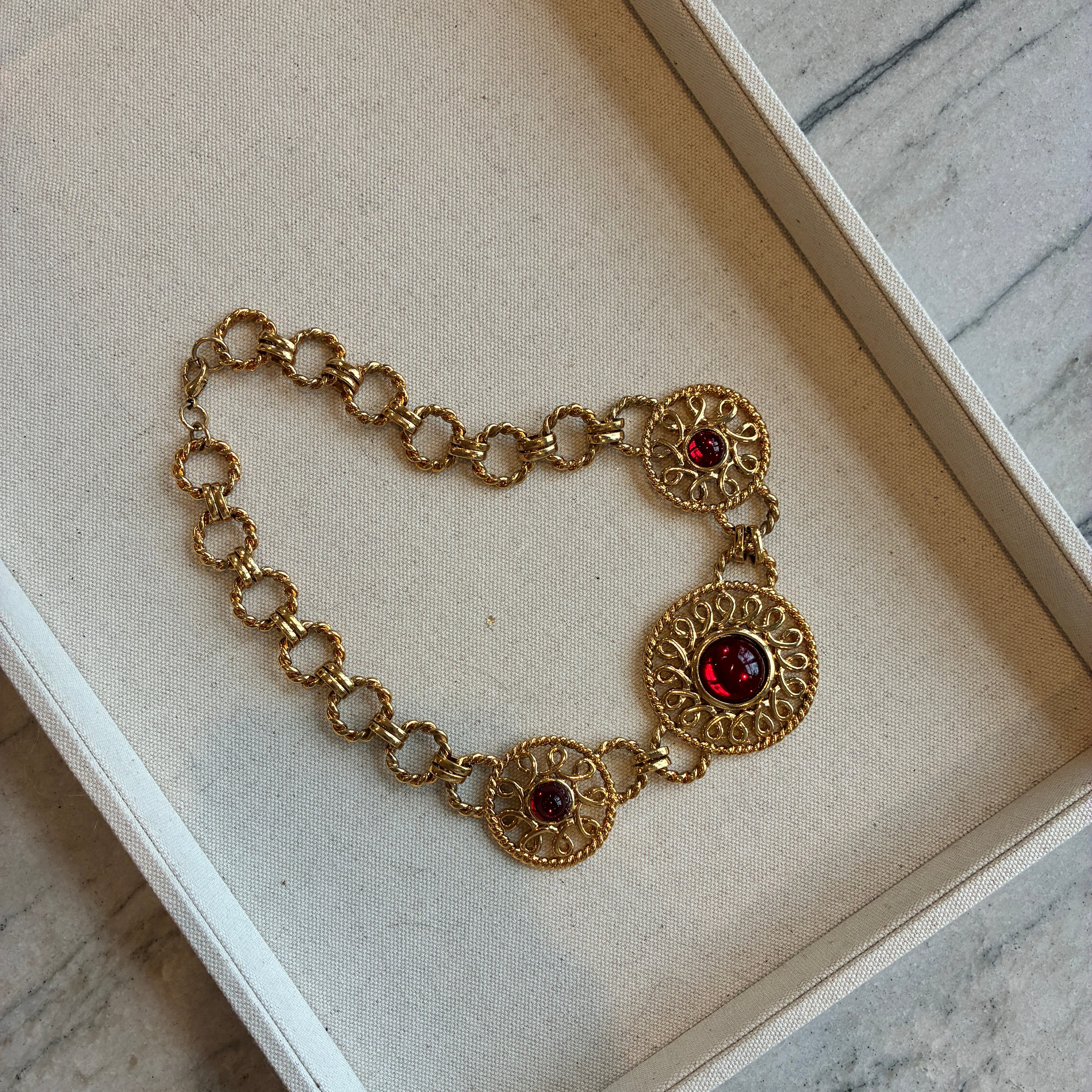 Vintage French Designer Guy Laroche Mogul Red Glass Statement Necklace