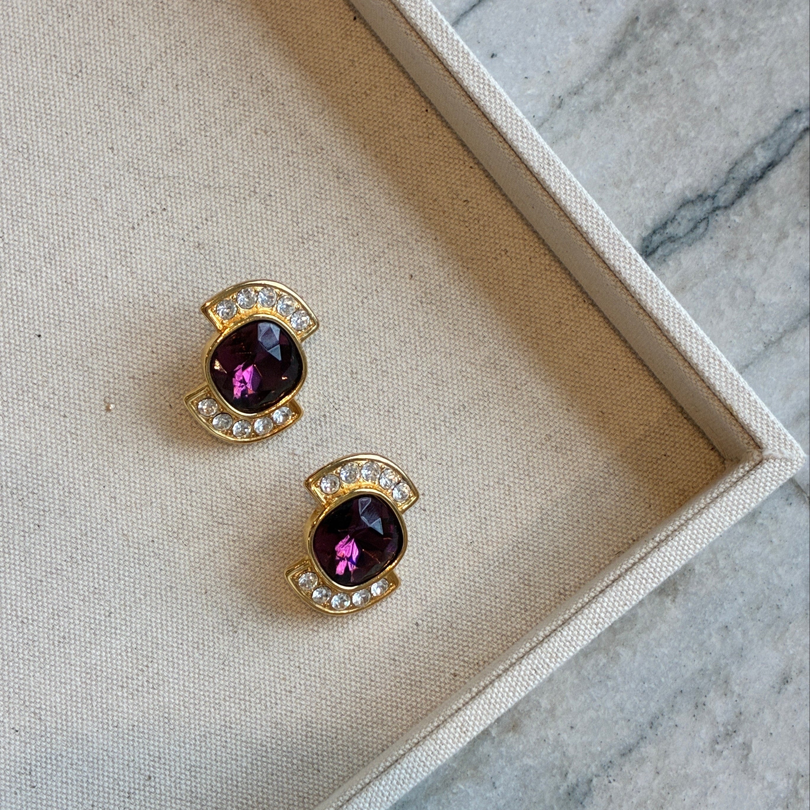 Vintage Signed Designer YSL Purple Crystal Earrings