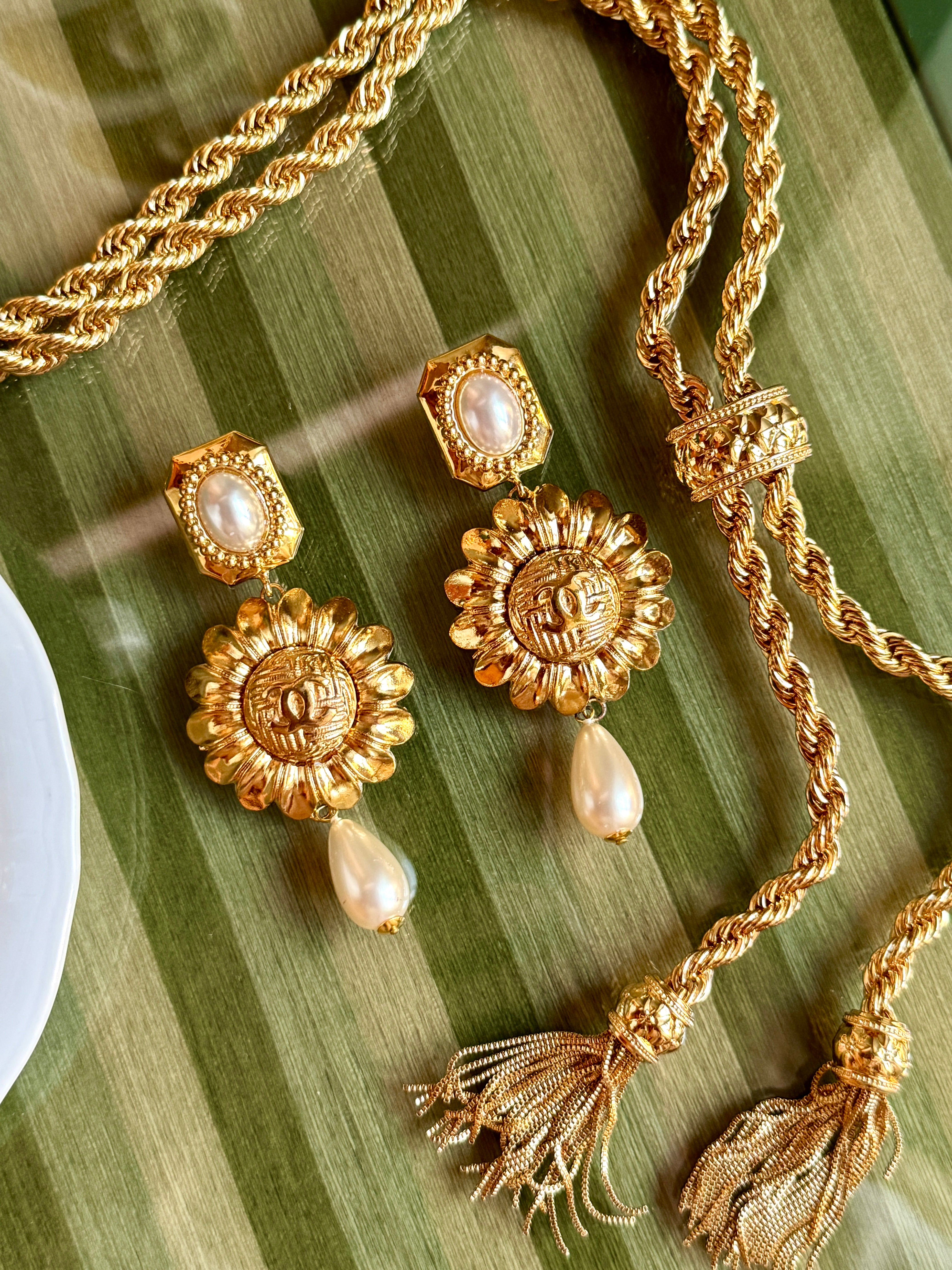 Vintage Chanel Button Flower Pearl Drop Earrings