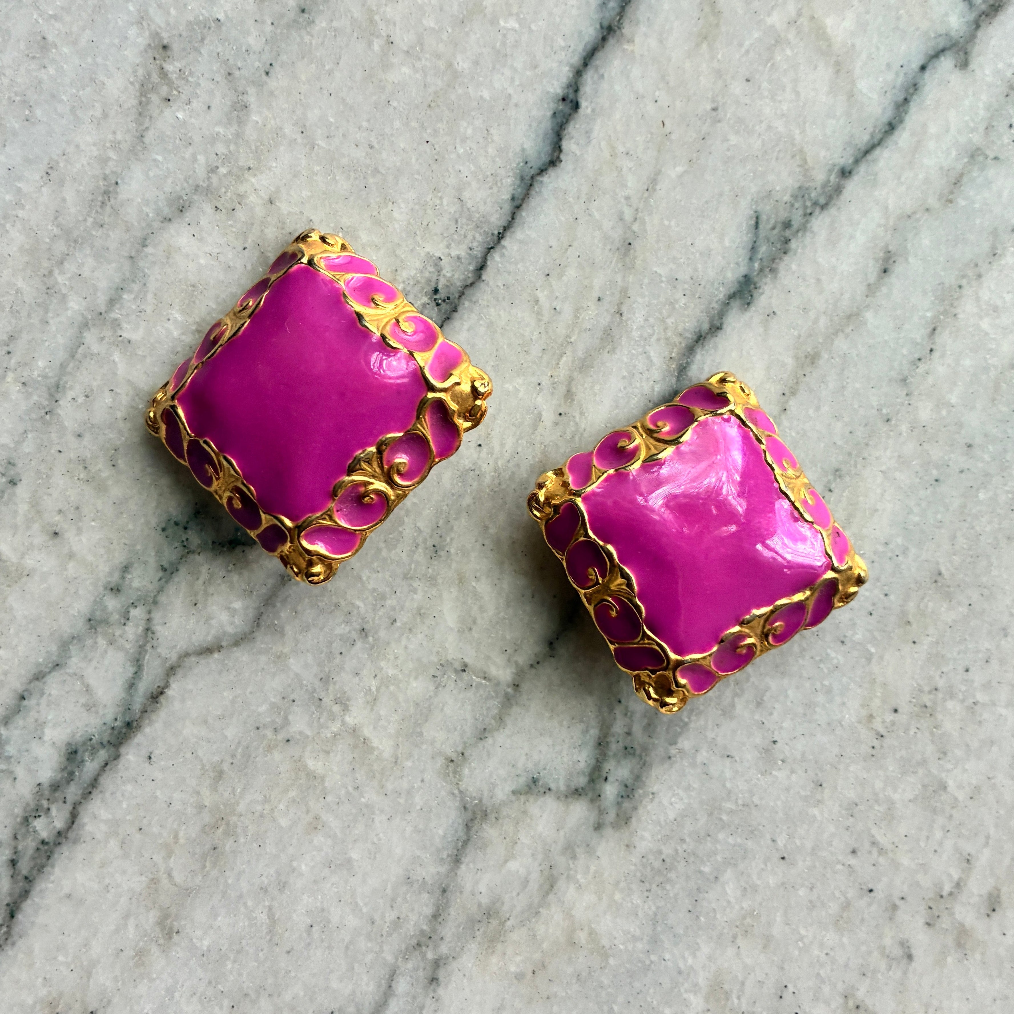 Vintage French Purple Enamel and Gold Earrings