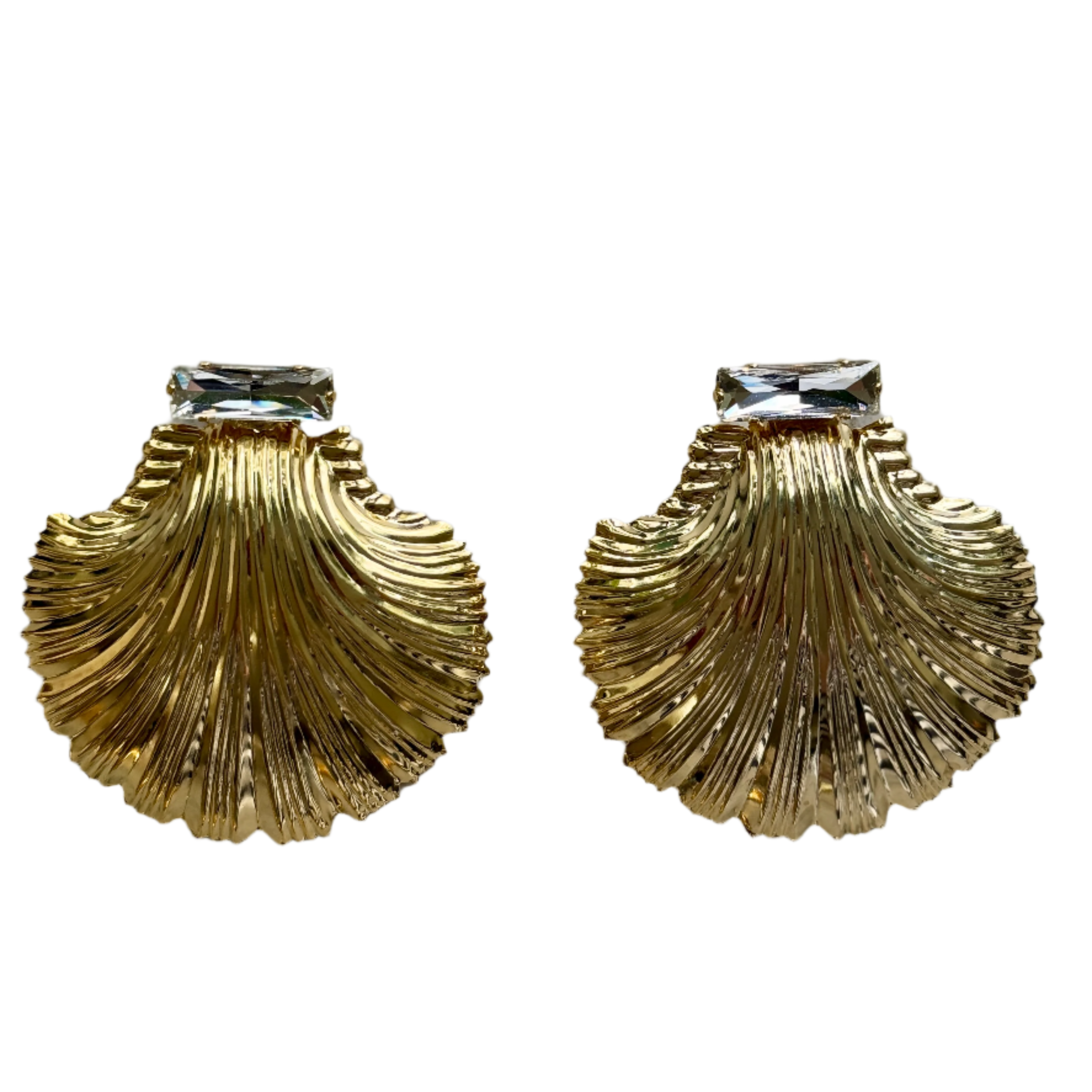 Large Diamond Clear Crystal Gold Shell Earrings