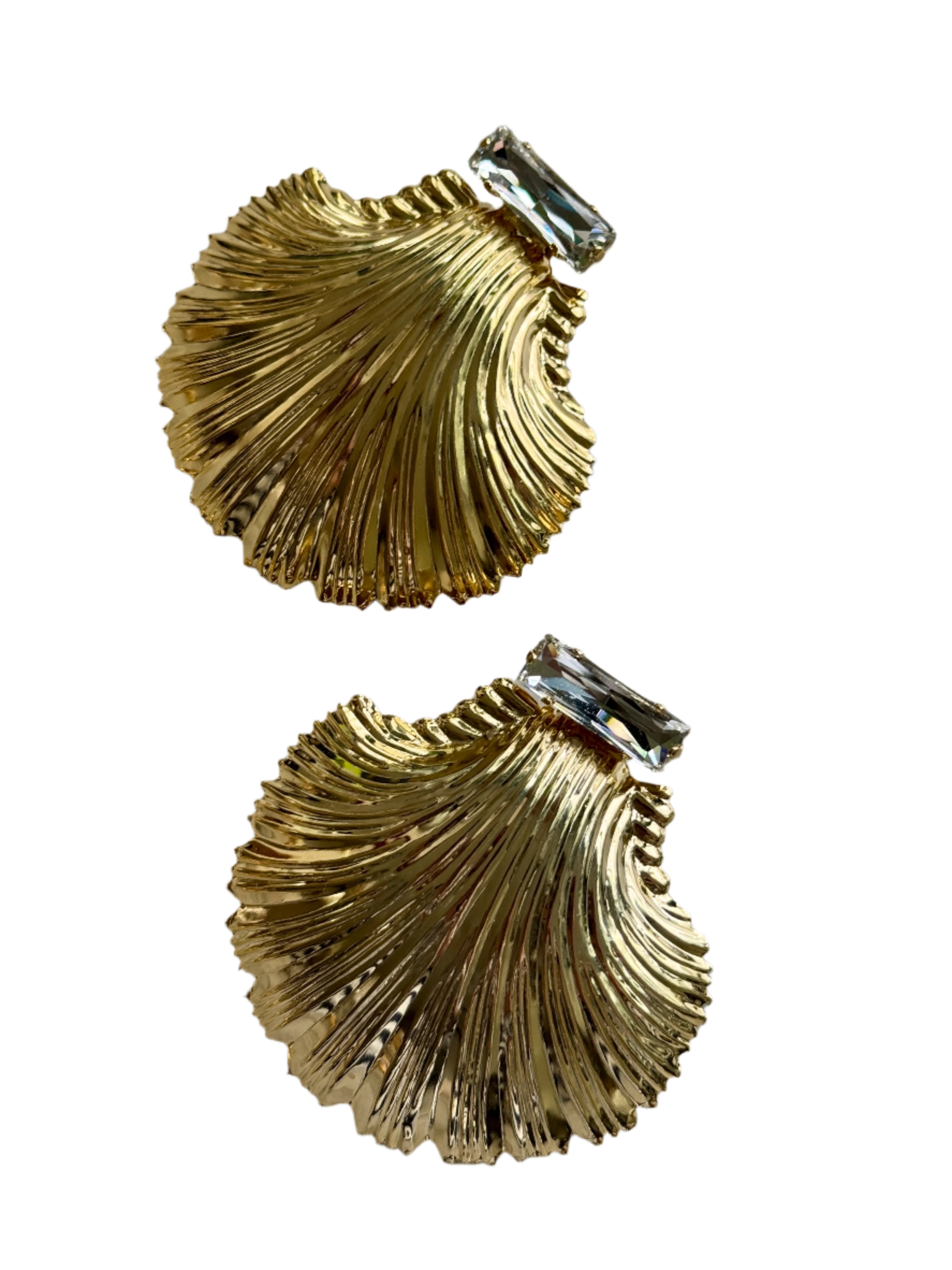 Large Diamond Clear Crystal Gold Shell Earrings