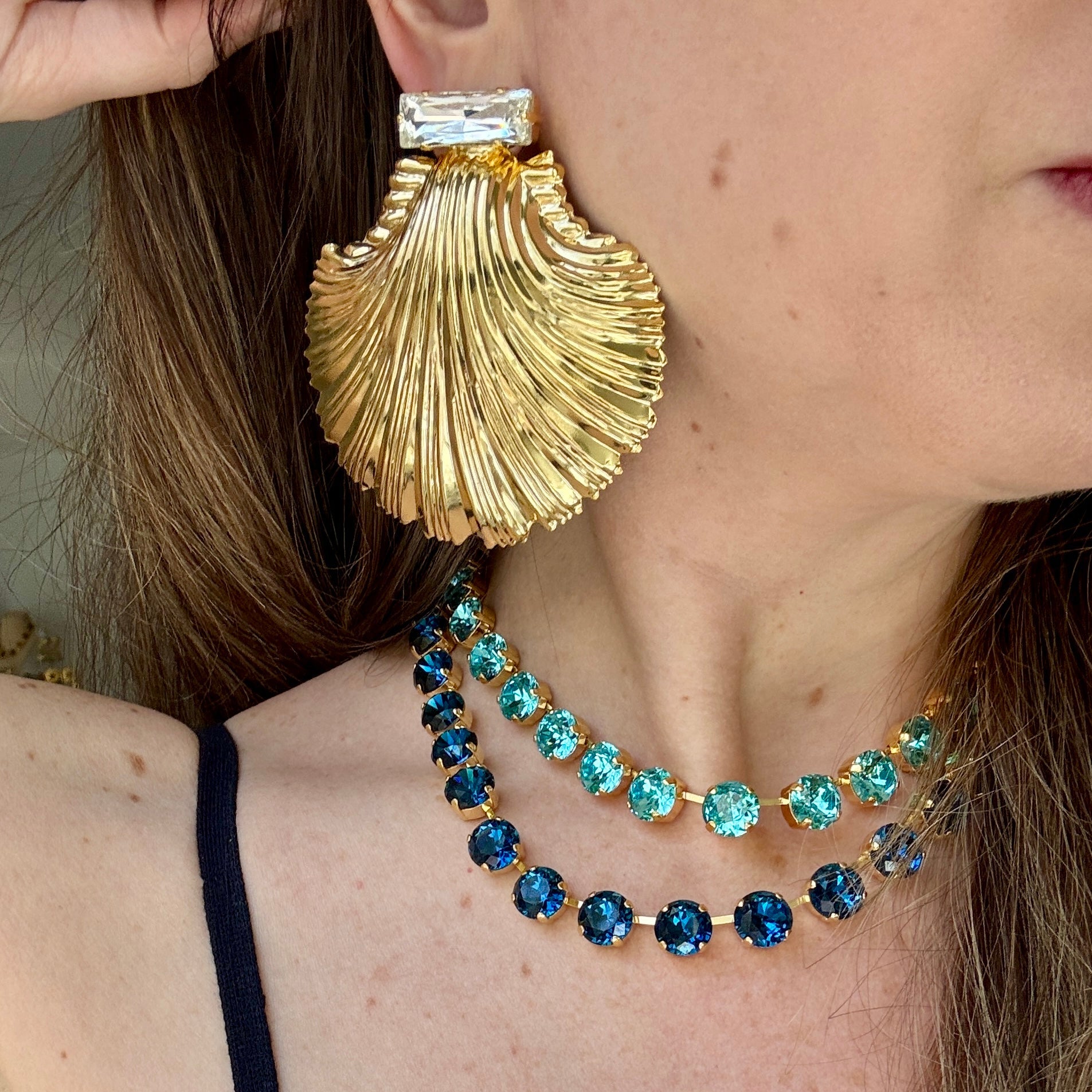 Large Diamond Clear Crystal Gold Shell Earrings