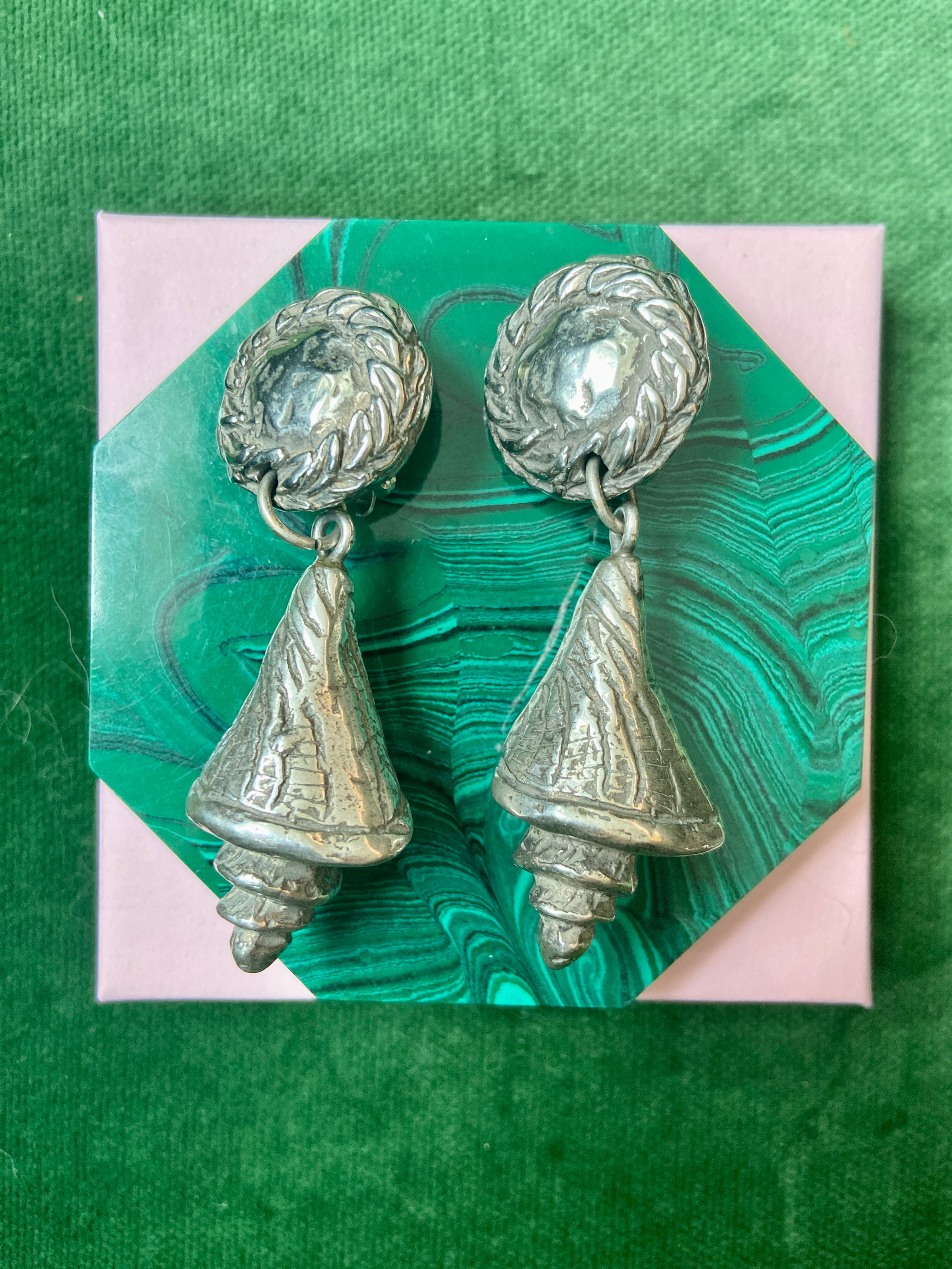 French Designer Chantal de Kerouartz Silver Shell Statement Earrings