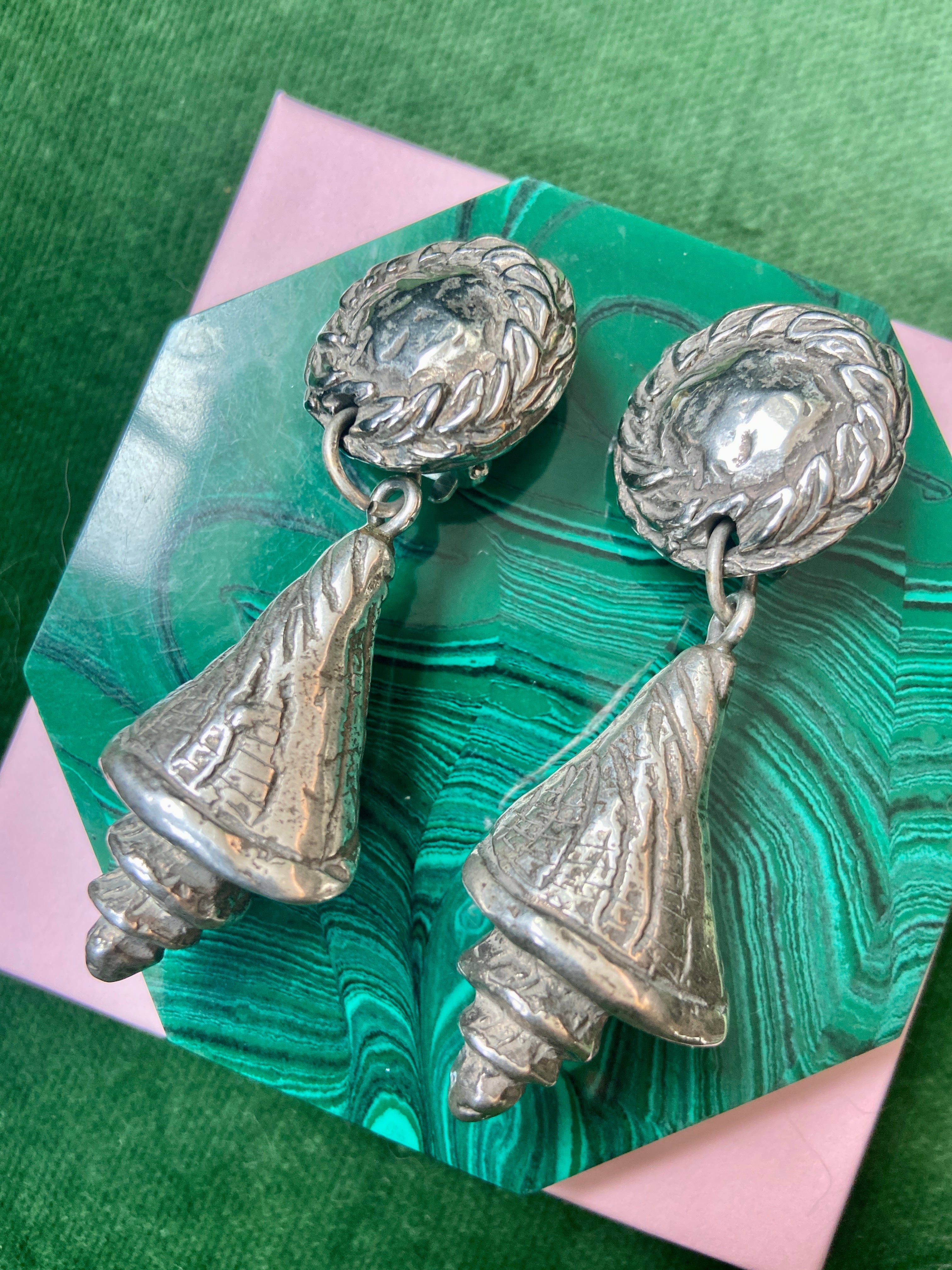 French Designer Chantal de Kerouartz Silver Shell Statement Earrings