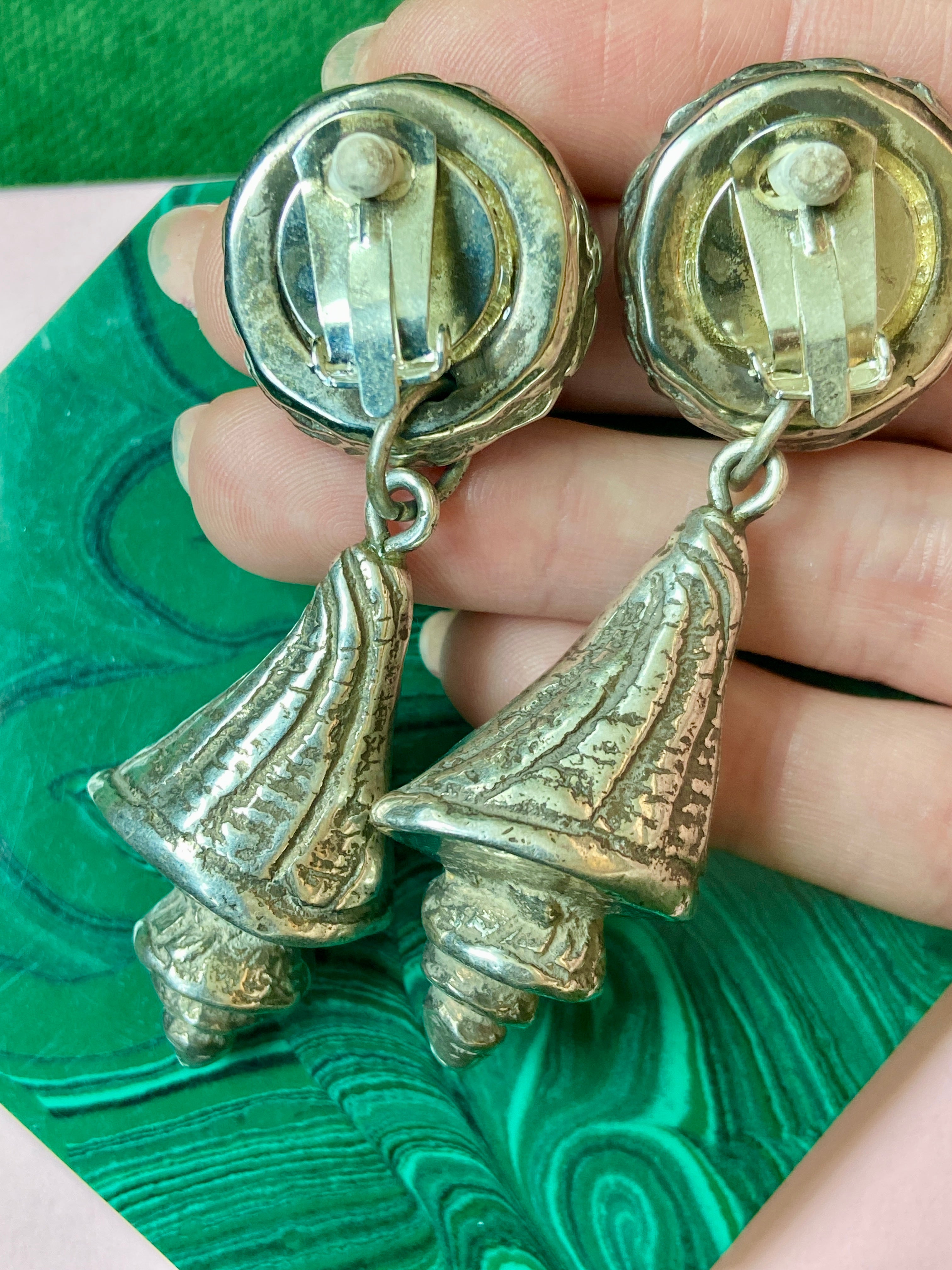 French Designer Chantal de Kerouartz Silver Shell Statement Earrings