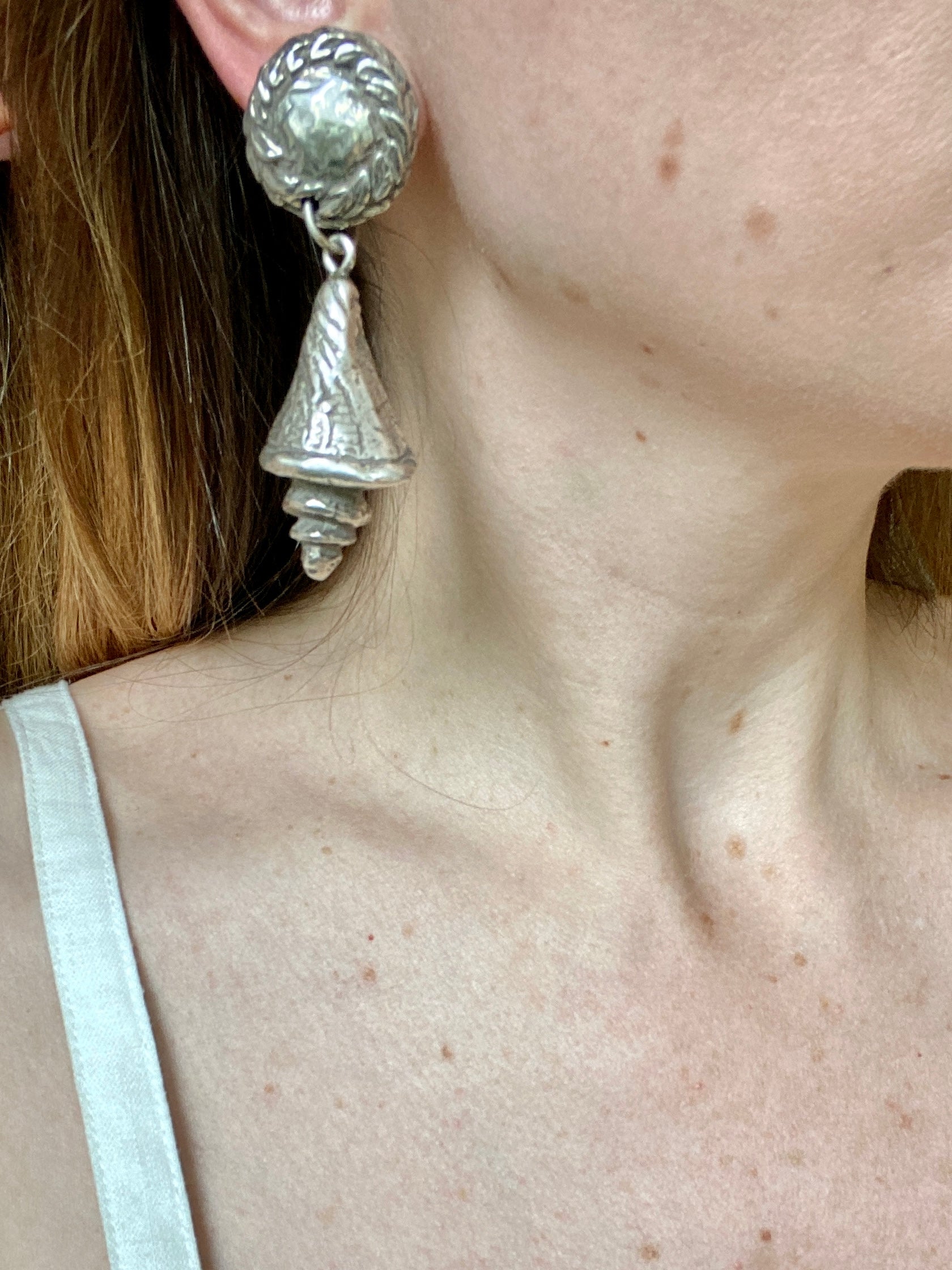 French Designer Chantal de Kerouartz Silver Shell Statement Earrings