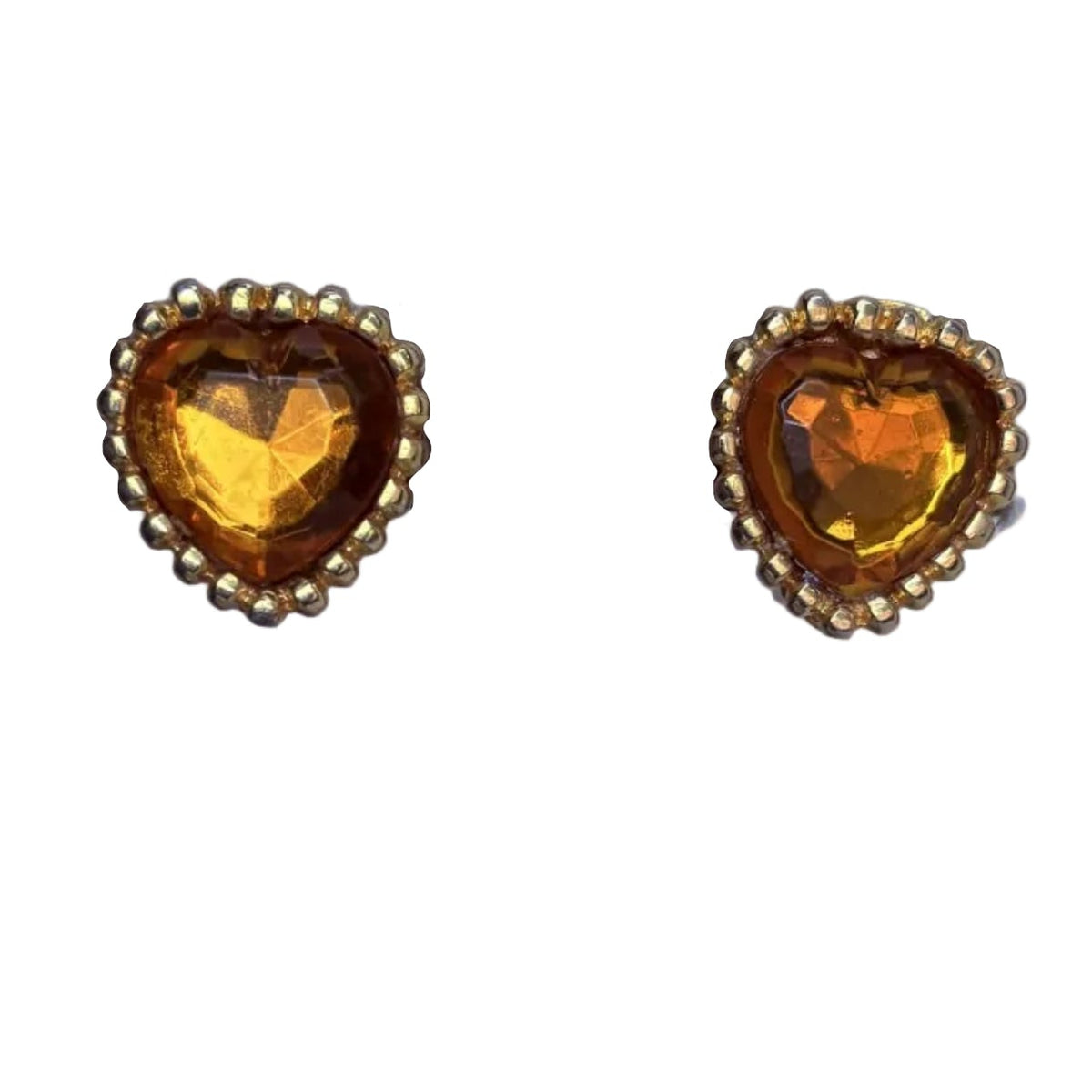 Vintage 80s French Petite Citrine Crystal Heart Earrings