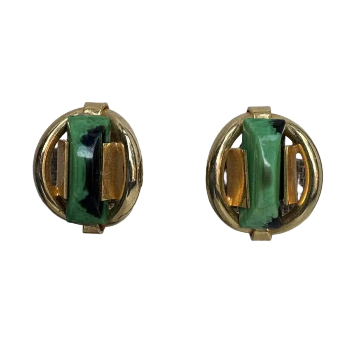 A pair of vintage gold-tone clip-on earrings with a central green rand navy rectangular glass inlay, shown on a plain white background.