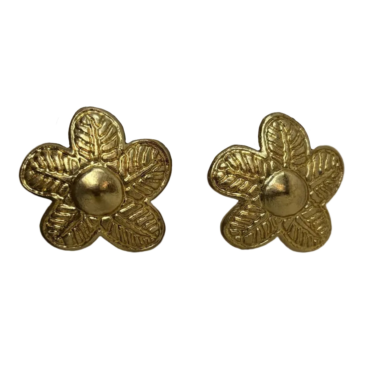 A pair of gold-tone flower-shaped stud earrings with textured petals and a circular center, shown on a plain white background.
