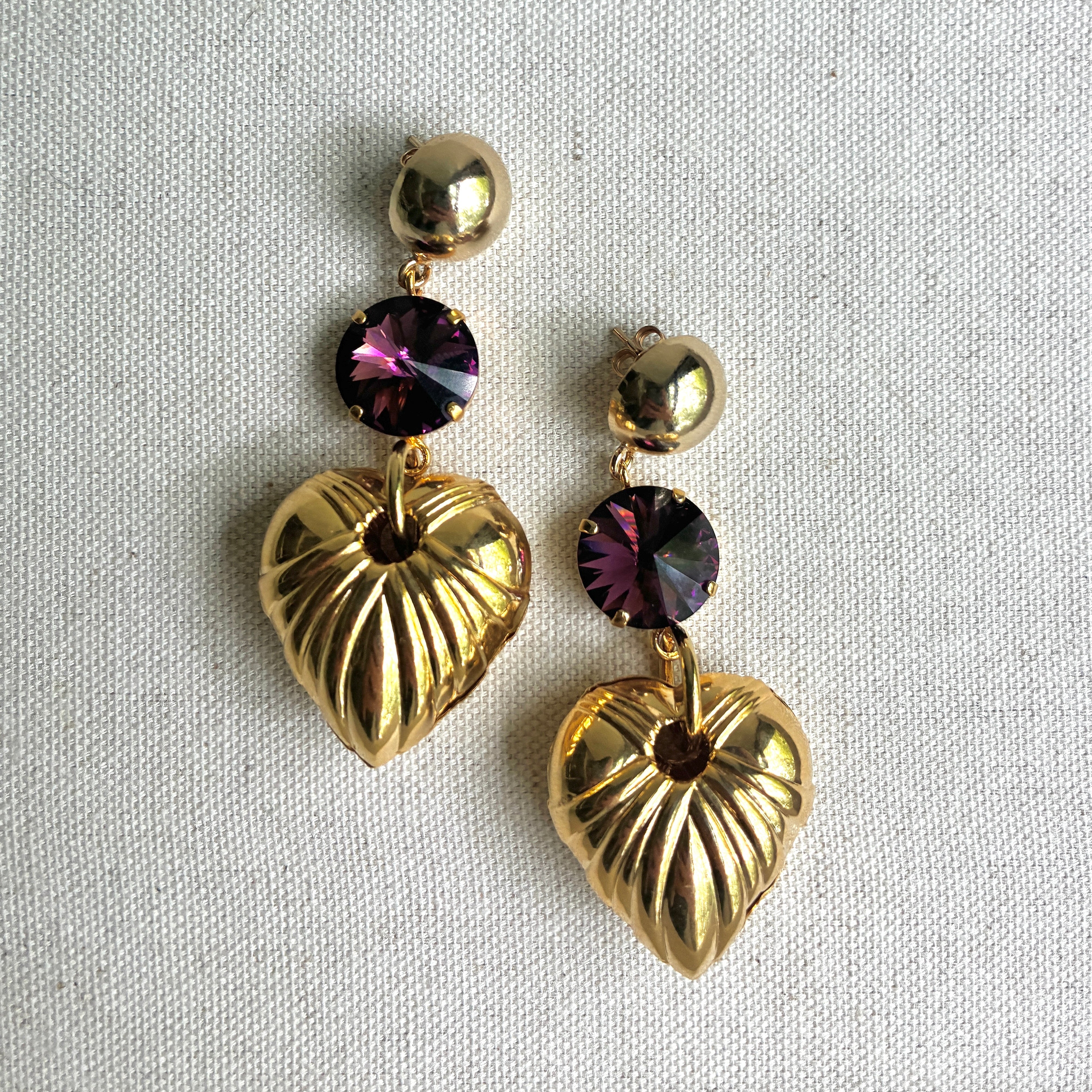 Vintage Italian Purple Crystal Heart Drop Post Earrings