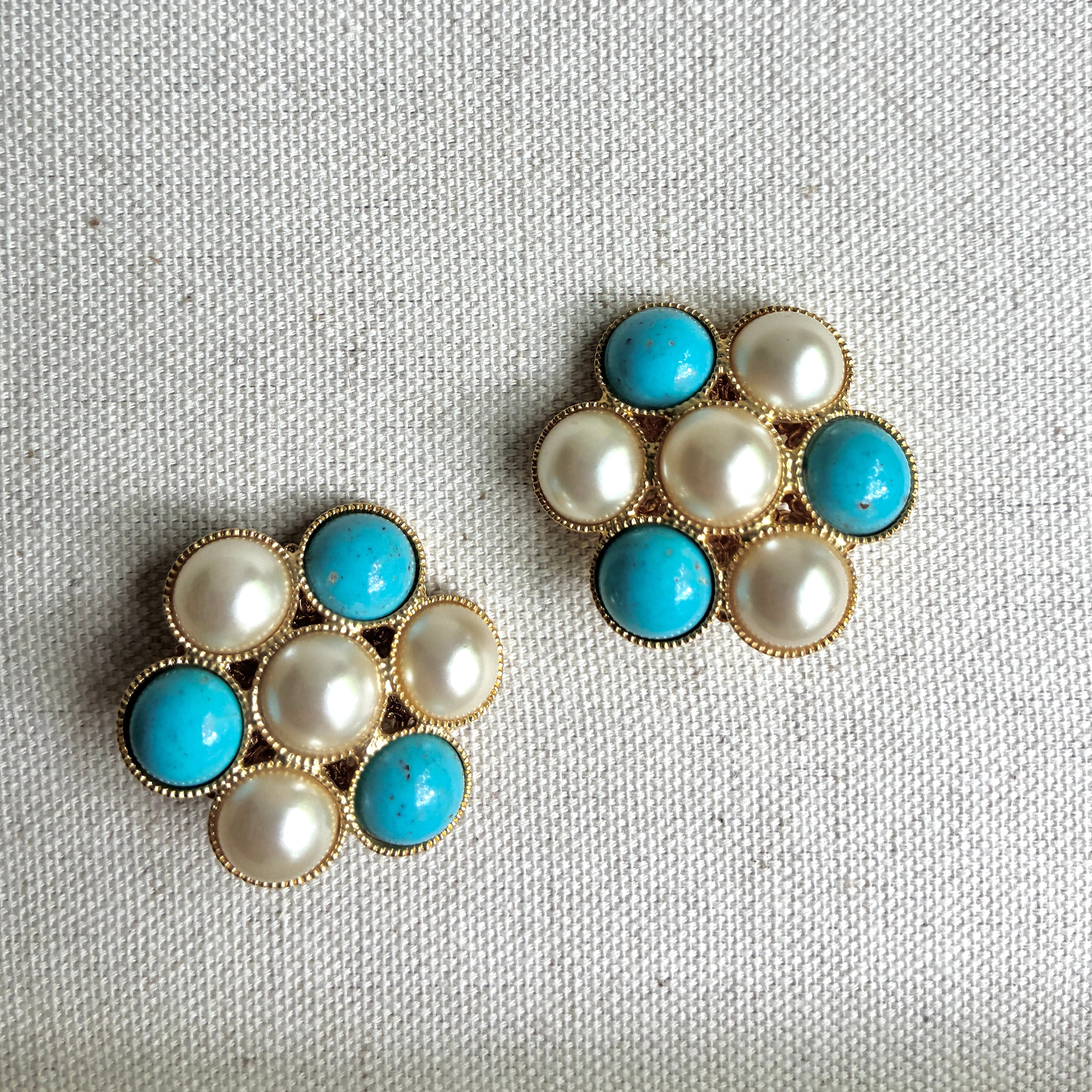 Vintage Italian Turquoise and Pearl Flower Button Earrings