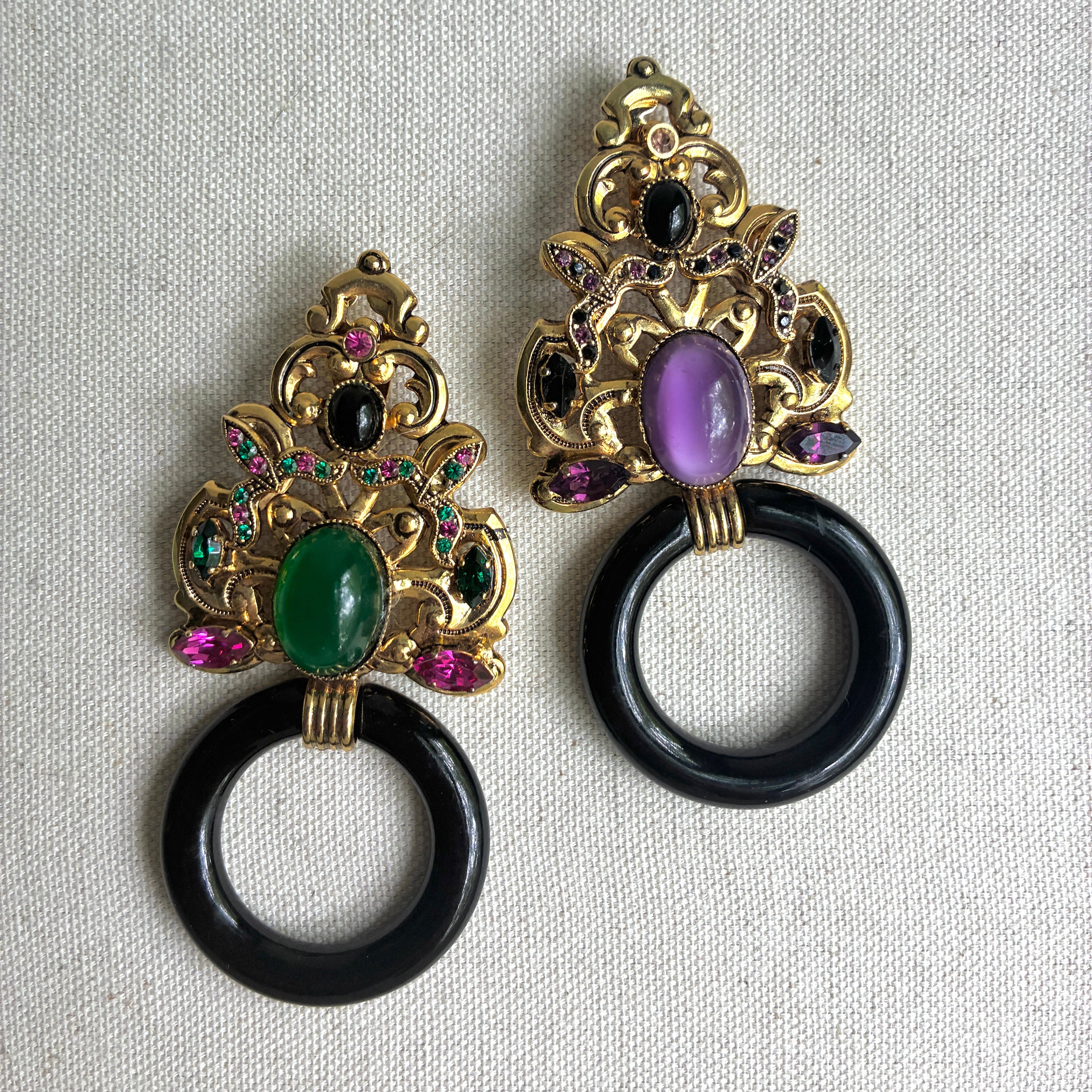 Vintage Italian Ornate Black Hoop Earrings
