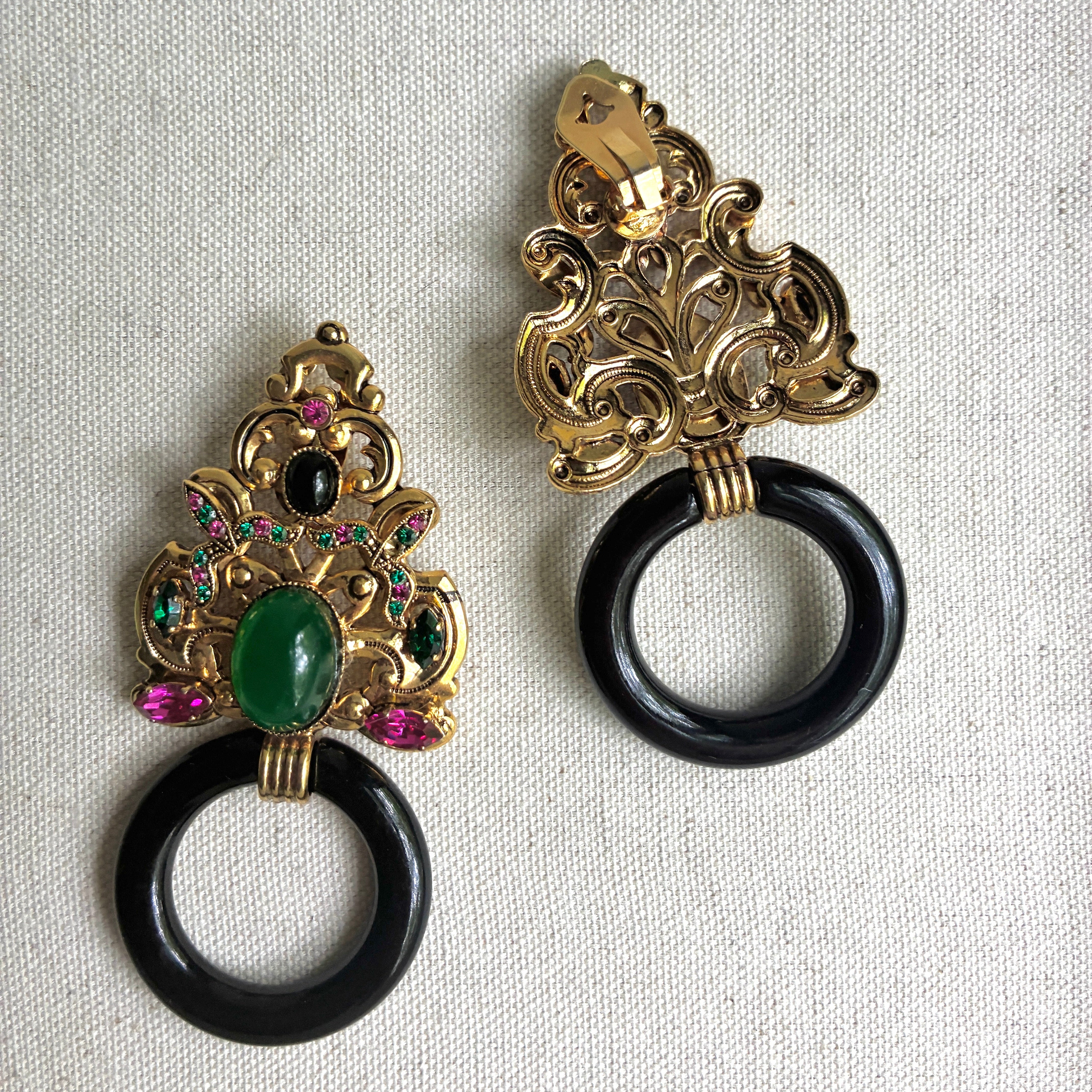 Vintage Italian Ornate Black Hoop Earrings