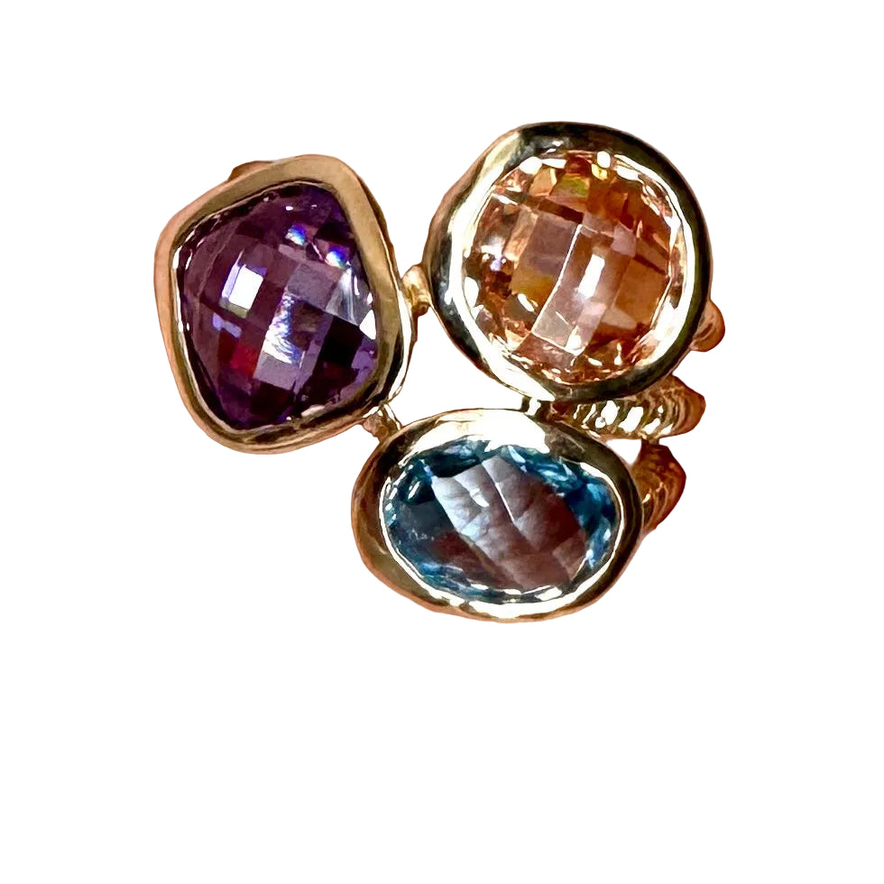 Modern French Aqua, Amber & Lavender Crystal Gold Ring Sizes 7.5, 9, 10
