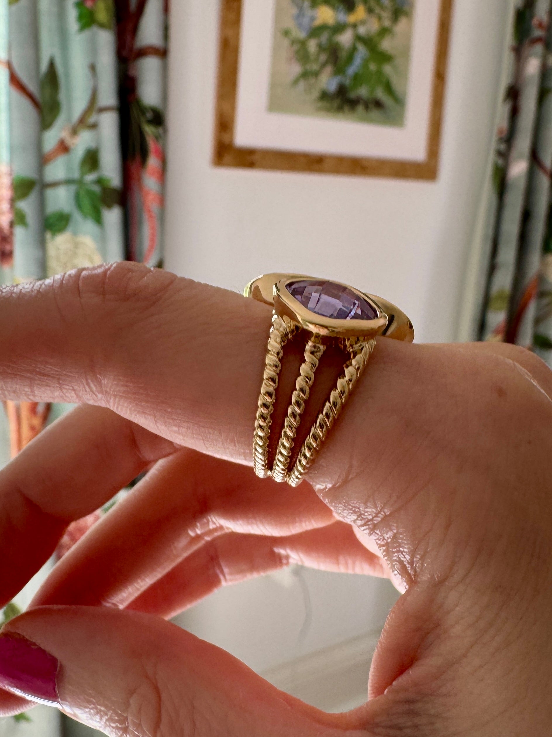 Modern French Aqua, Amber & Lavender Crystal Gold Ring Sizes 7.5, 9, 10