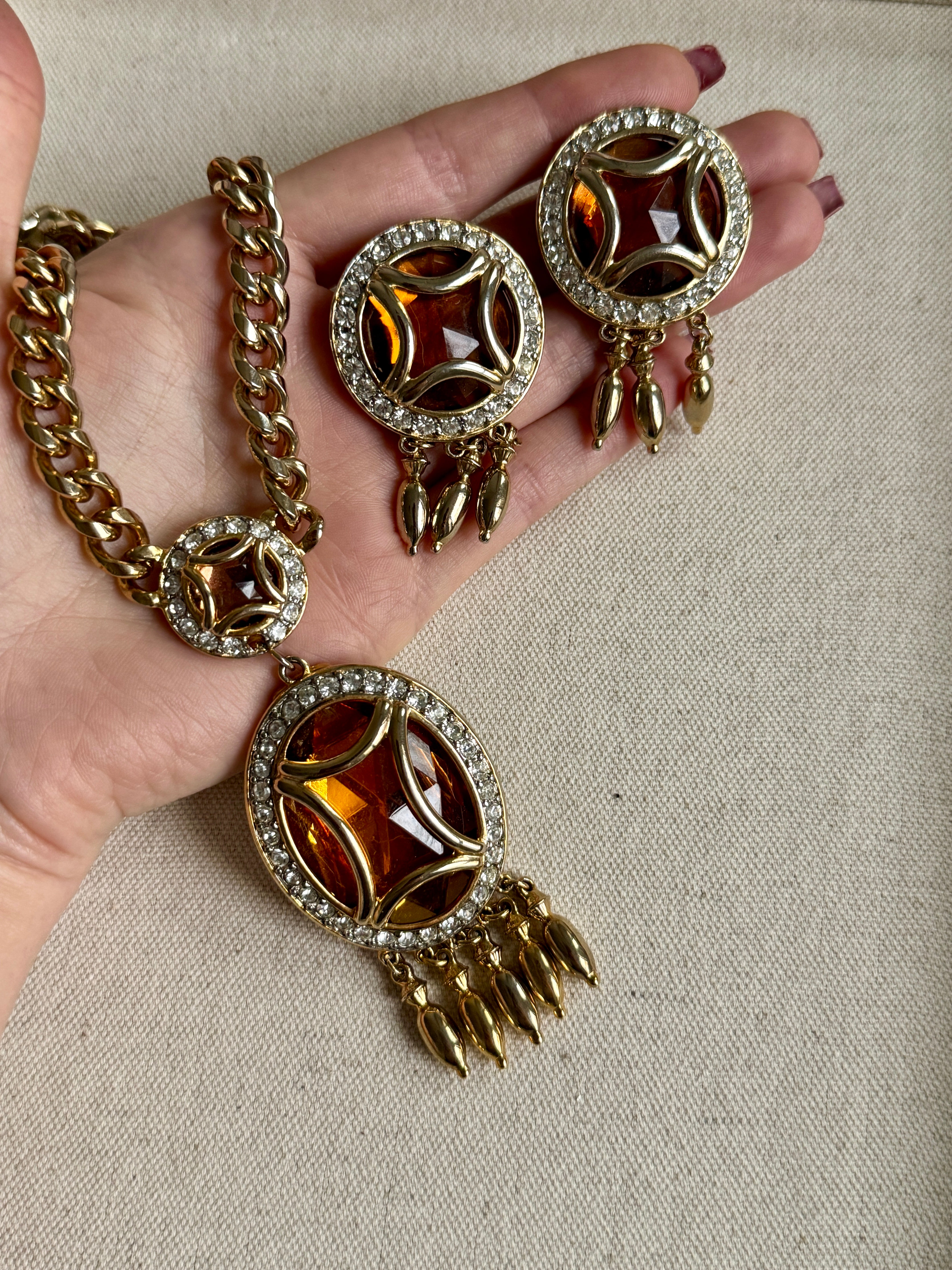 Vintage Designer Gem Craft Orange Jewel Necklace Earring Set