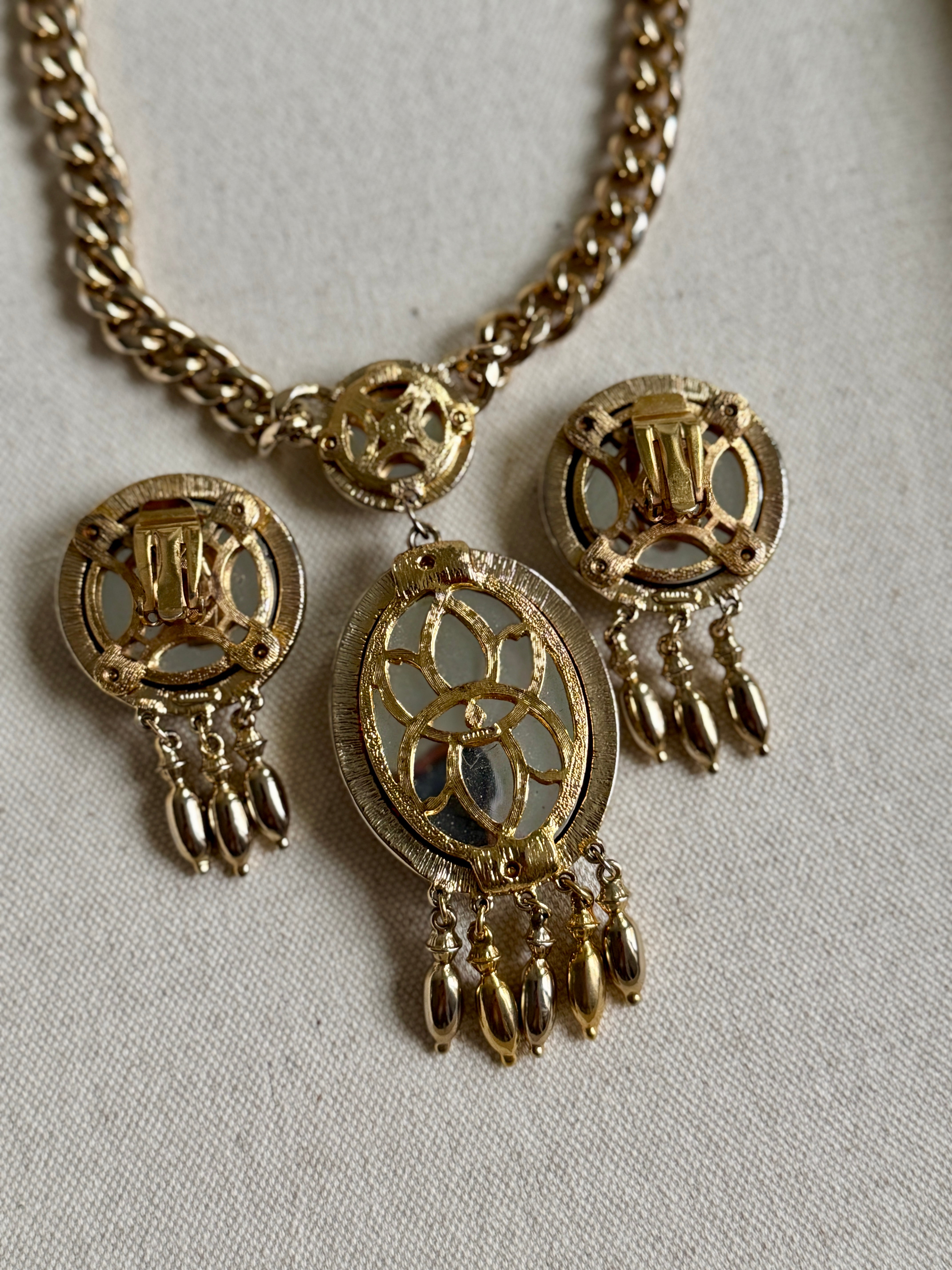 Vintage Designer Gem Craft Orange Jewel Necklace Earring Set