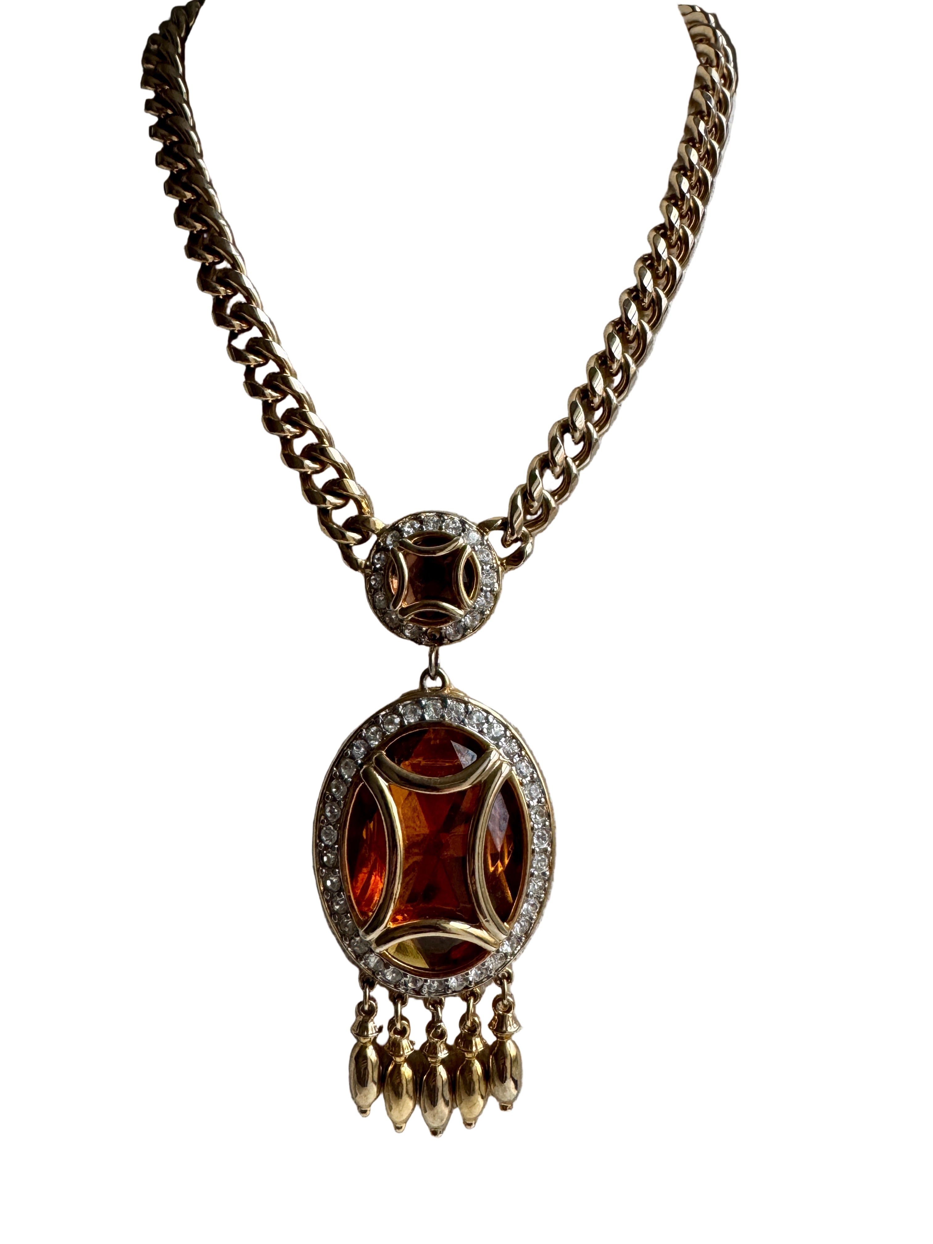 Vintage Designer Gem Craft Orange Jewel Necklace Earring Set