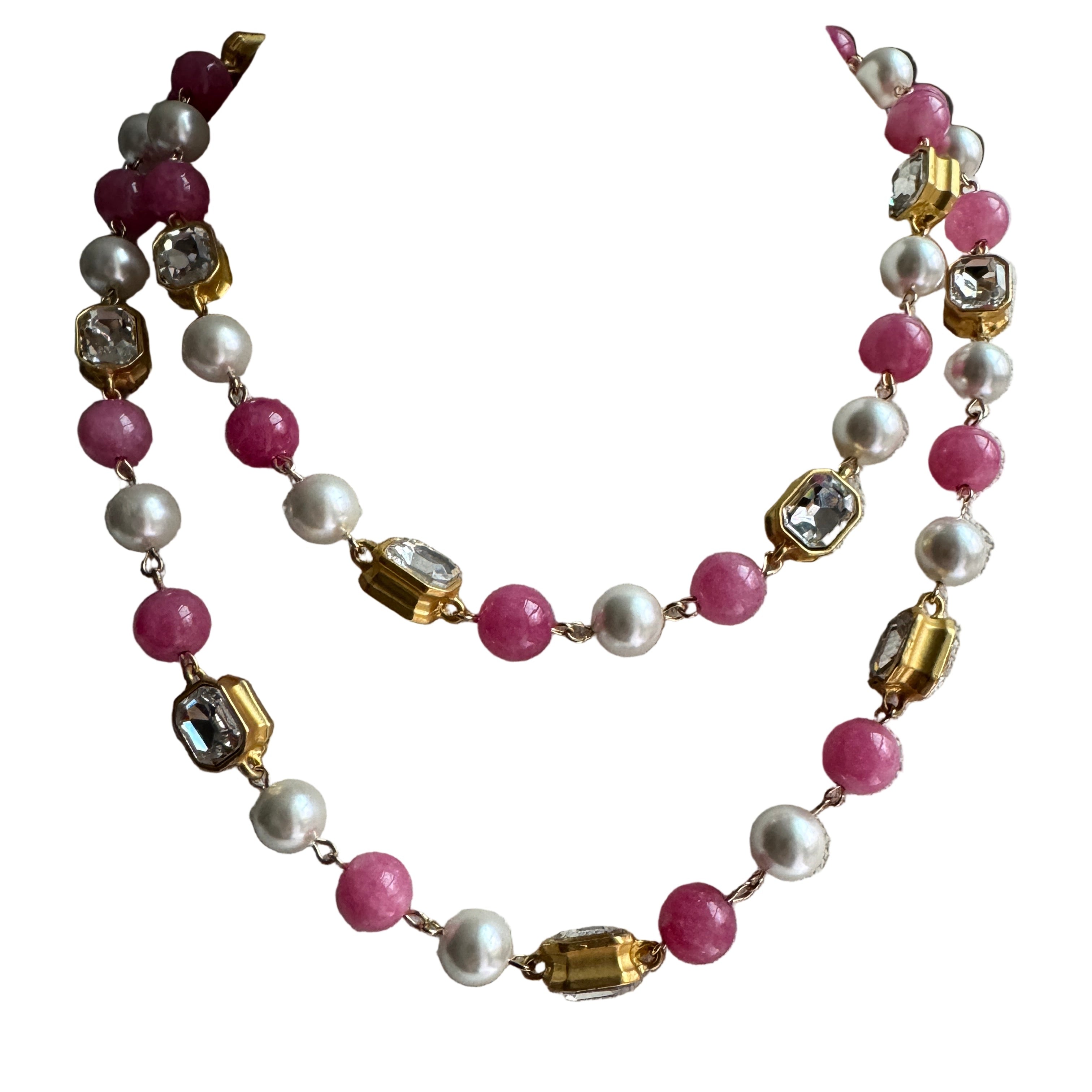 French Blue or Pink Glass Long Pearl Necklace