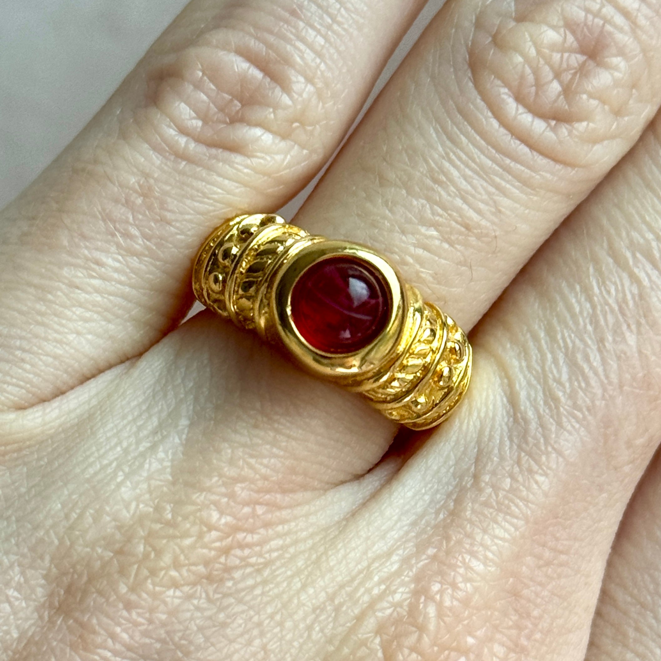 Vintage Mogul Red Glass Gold Ring Size 6.75