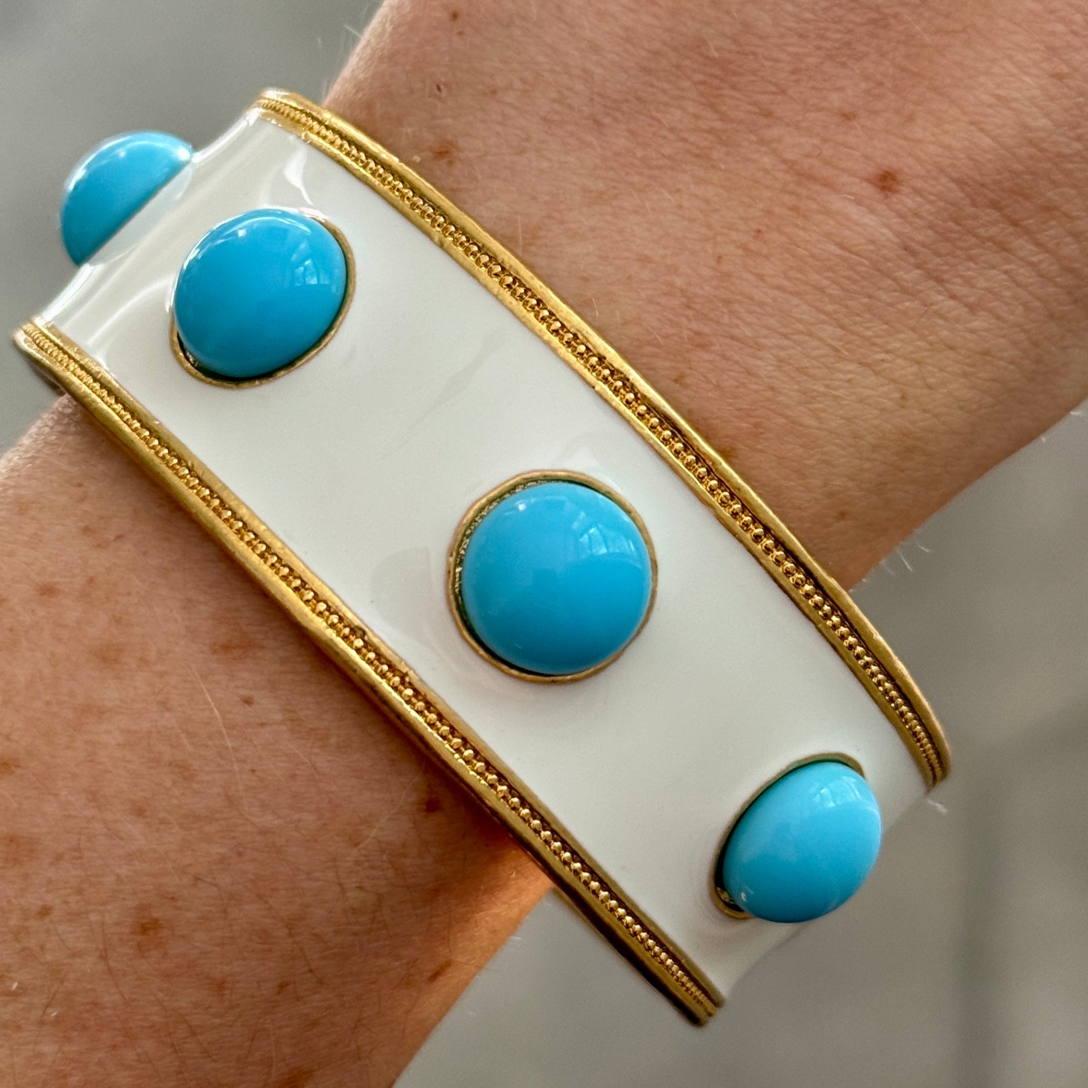 Ella White Enamel Turquoise Glass Wide Bangle