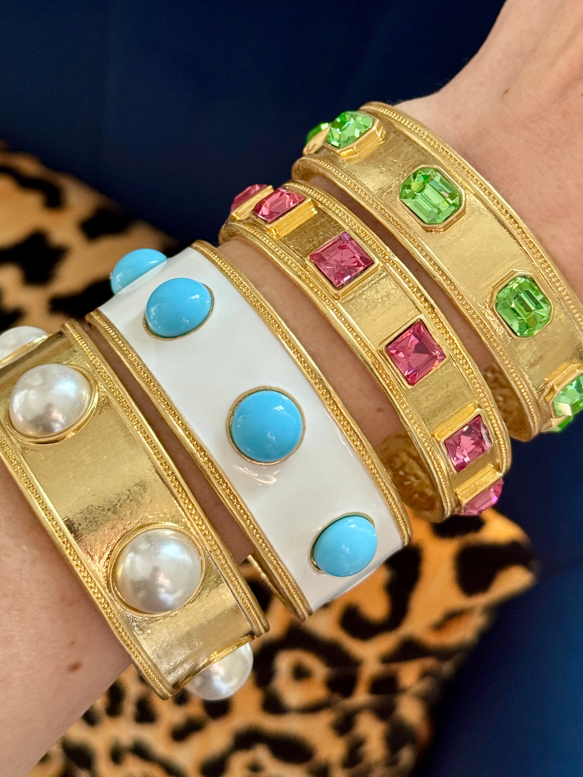 Ella White Enamel Turquoise Glass Wide Bangle