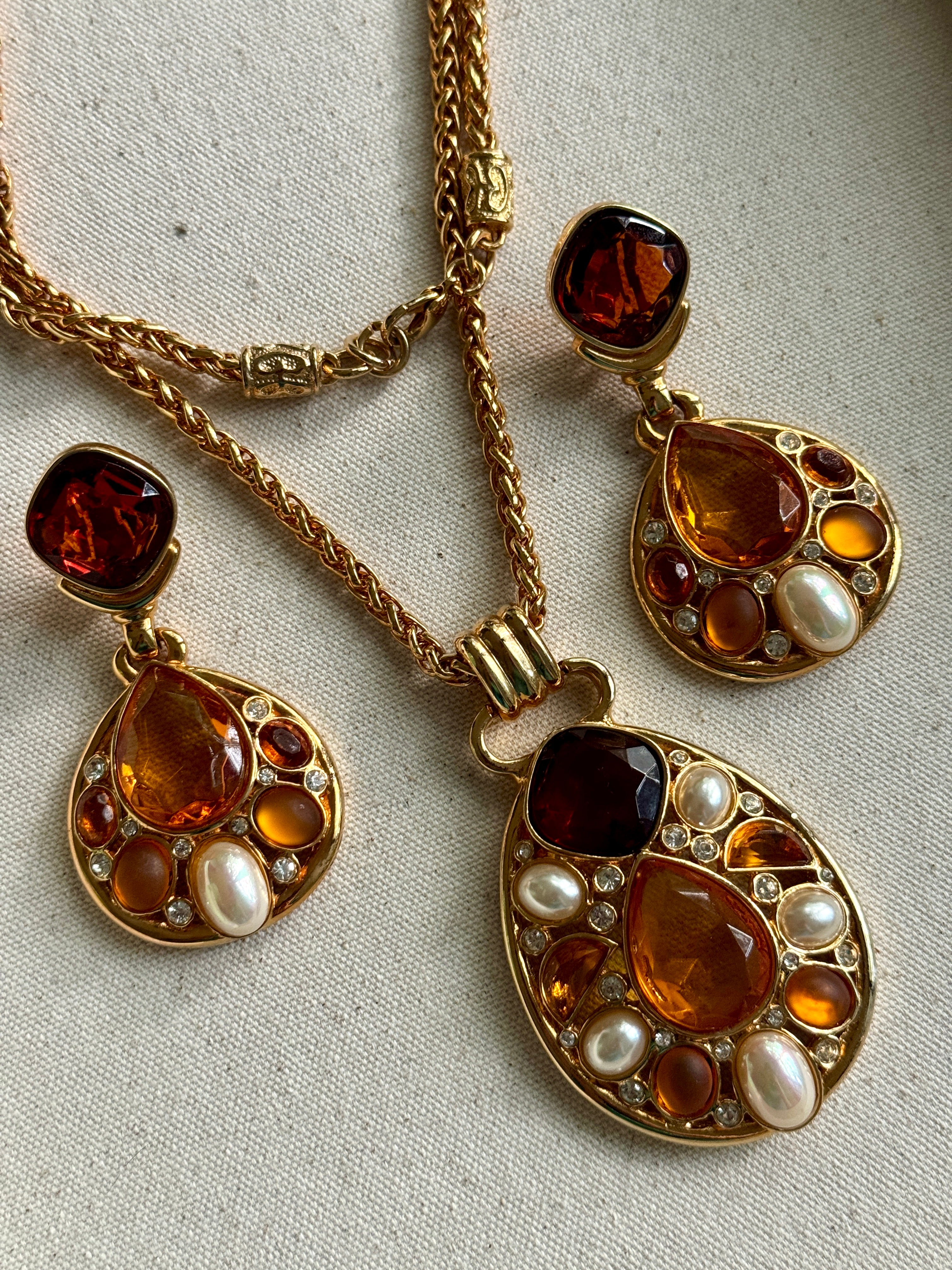 Vintage Designer Citrine, Topaz Crystal & Pearl Earrings