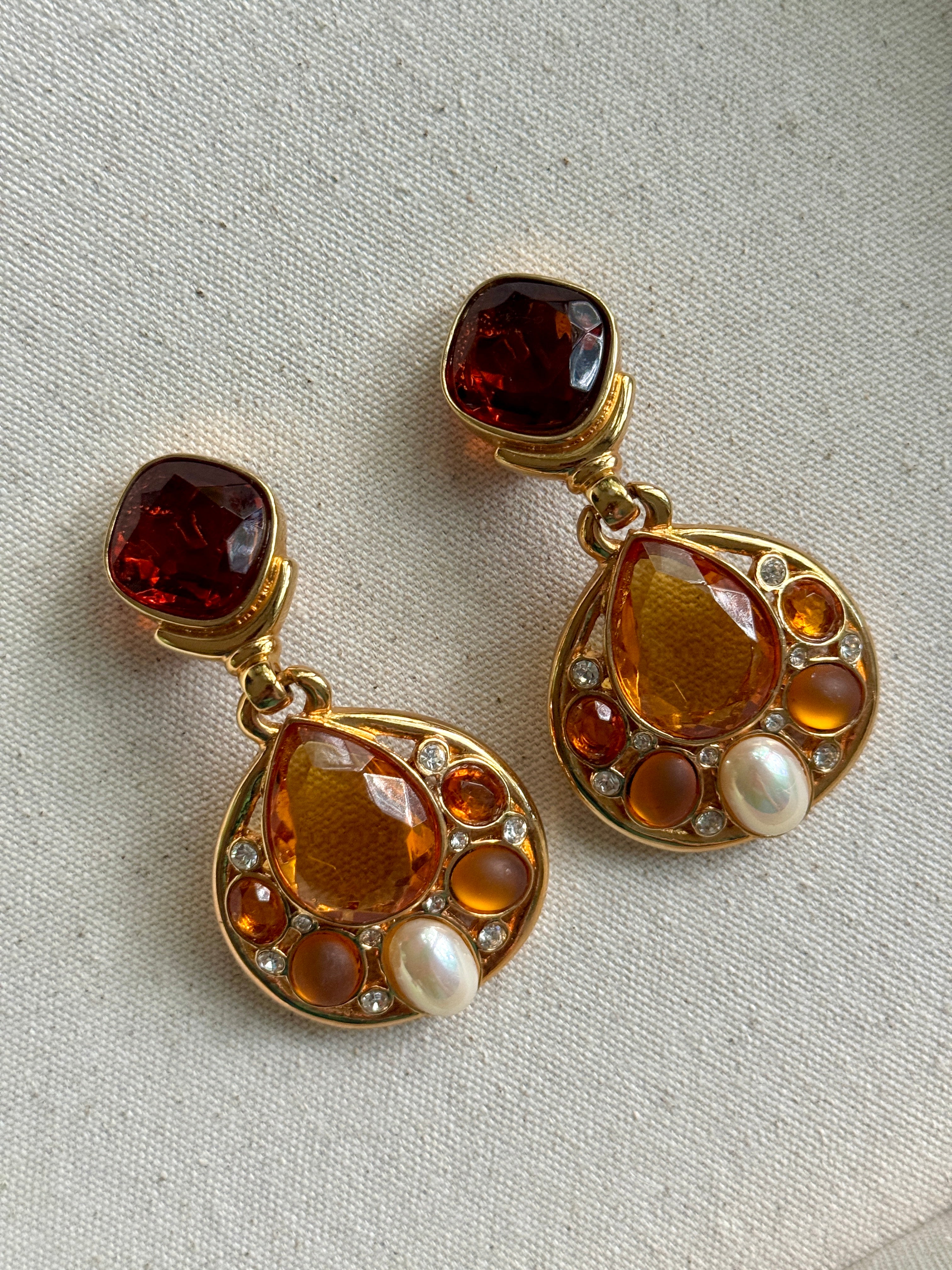 Vintage Designer Citrine, Topaz Crystal & Pearl Earrings