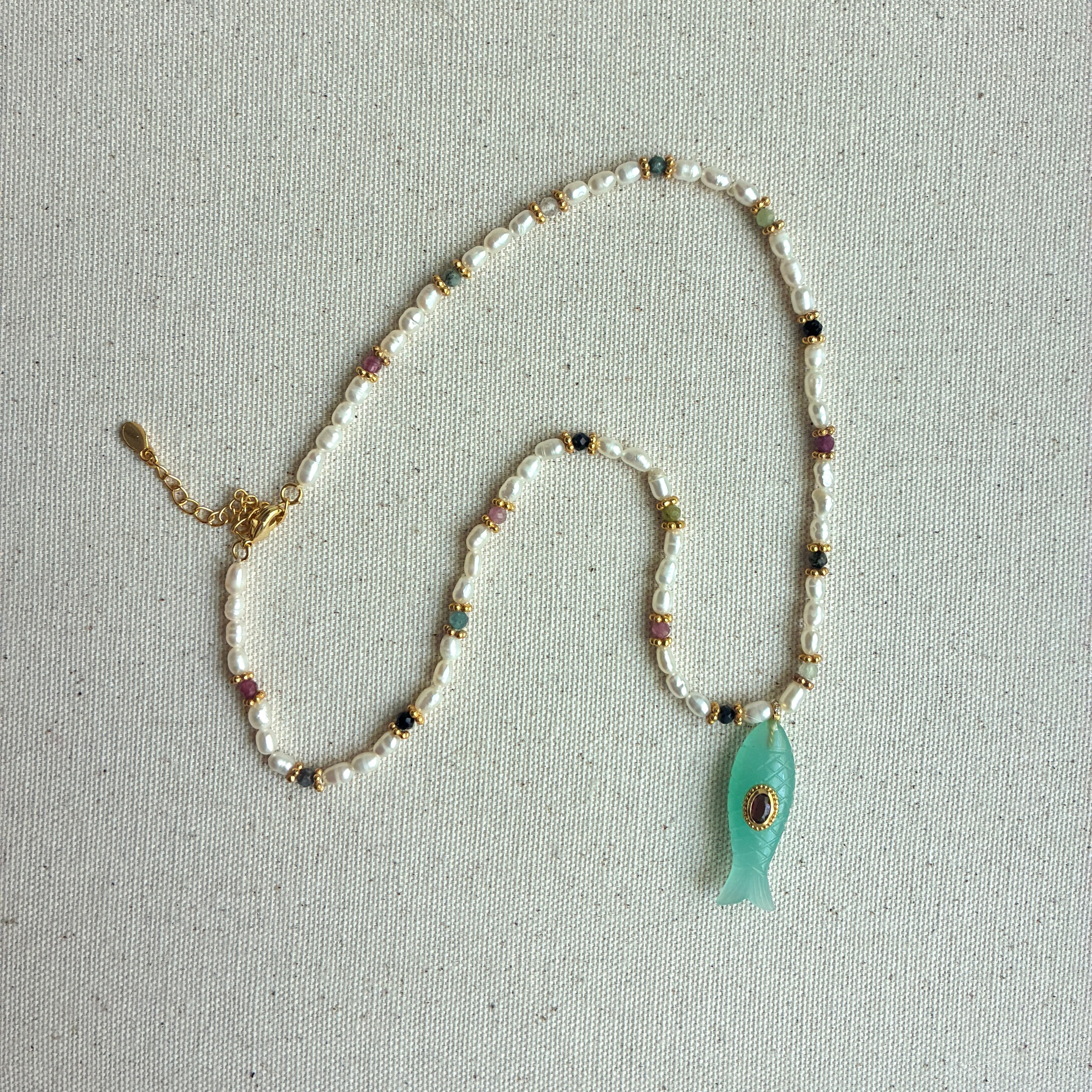French Pearl & Amazonite Fish Charm Necklace