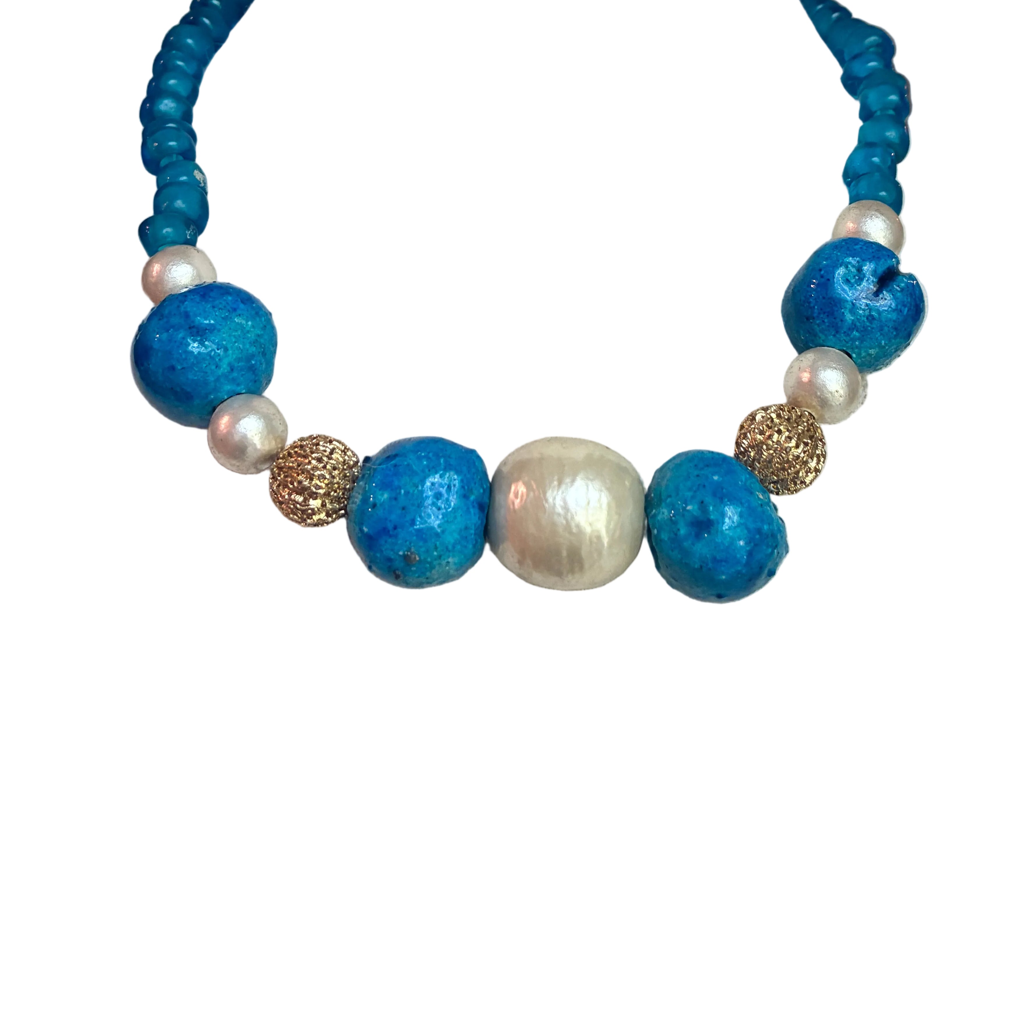 Vintage 60s French Blue Glass & Pearl Beaded Necklace