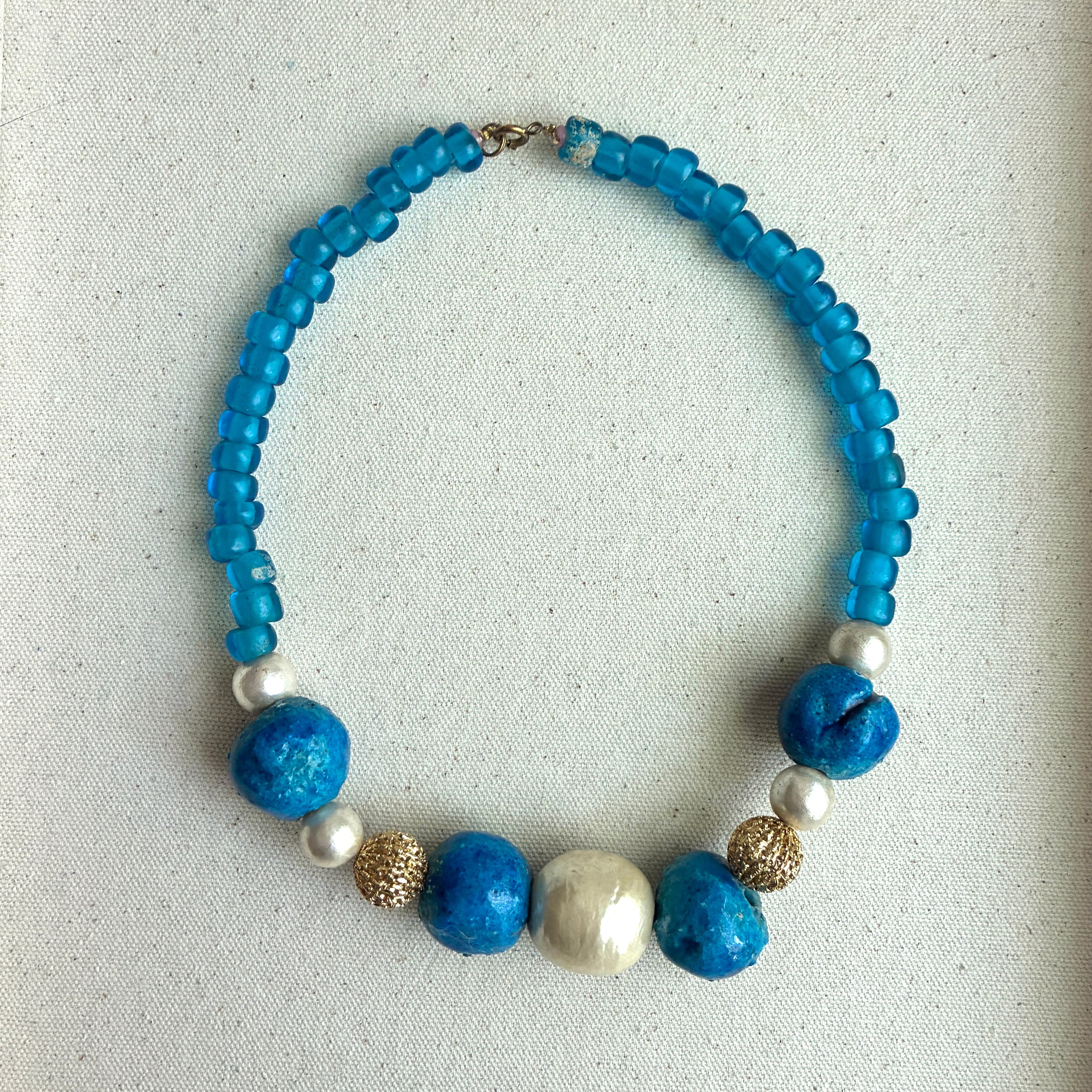 Vintage 60s French Blue Glass & Pearl Beaded Necklace