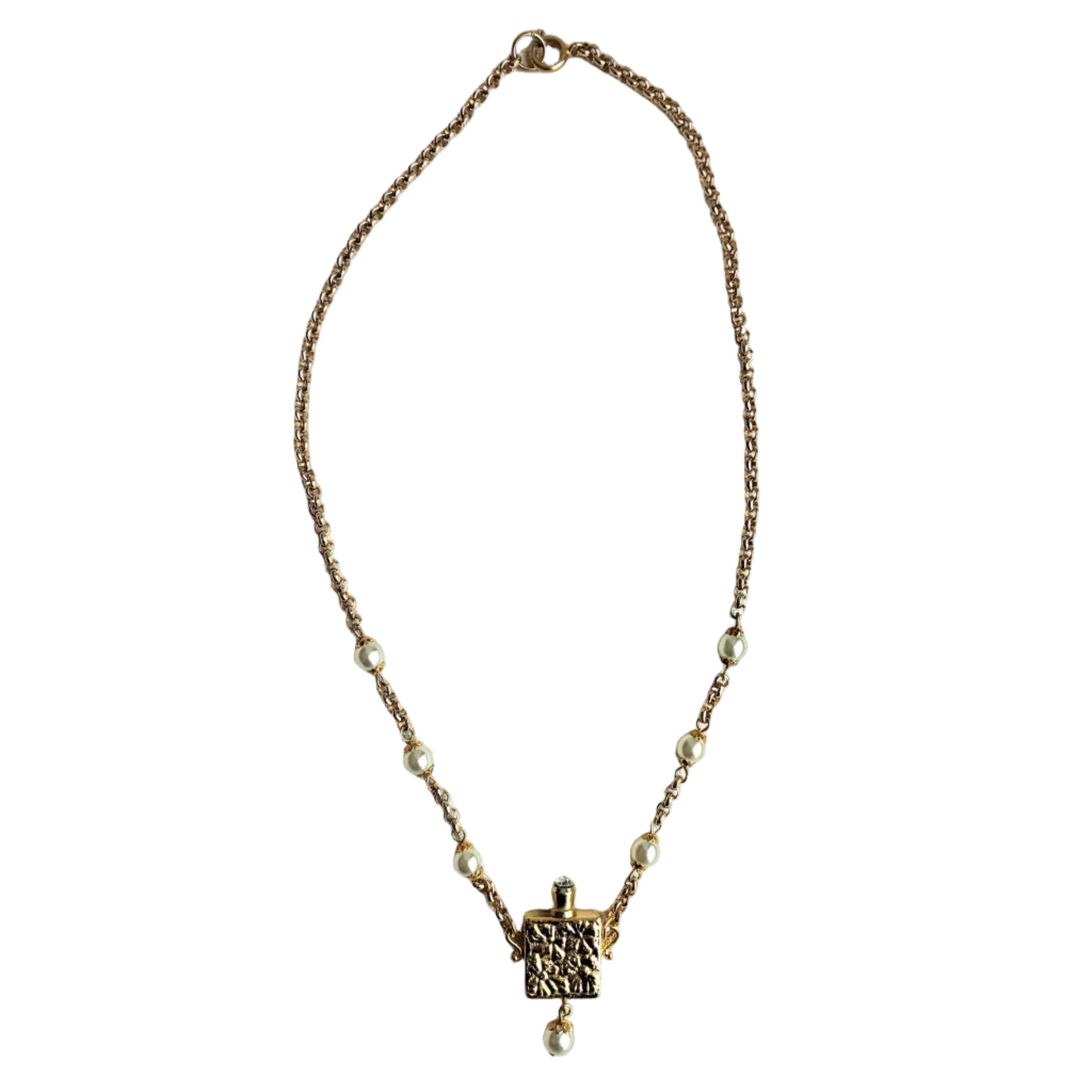 French Vintage Gold Pearl Perfume Bottle Necklace